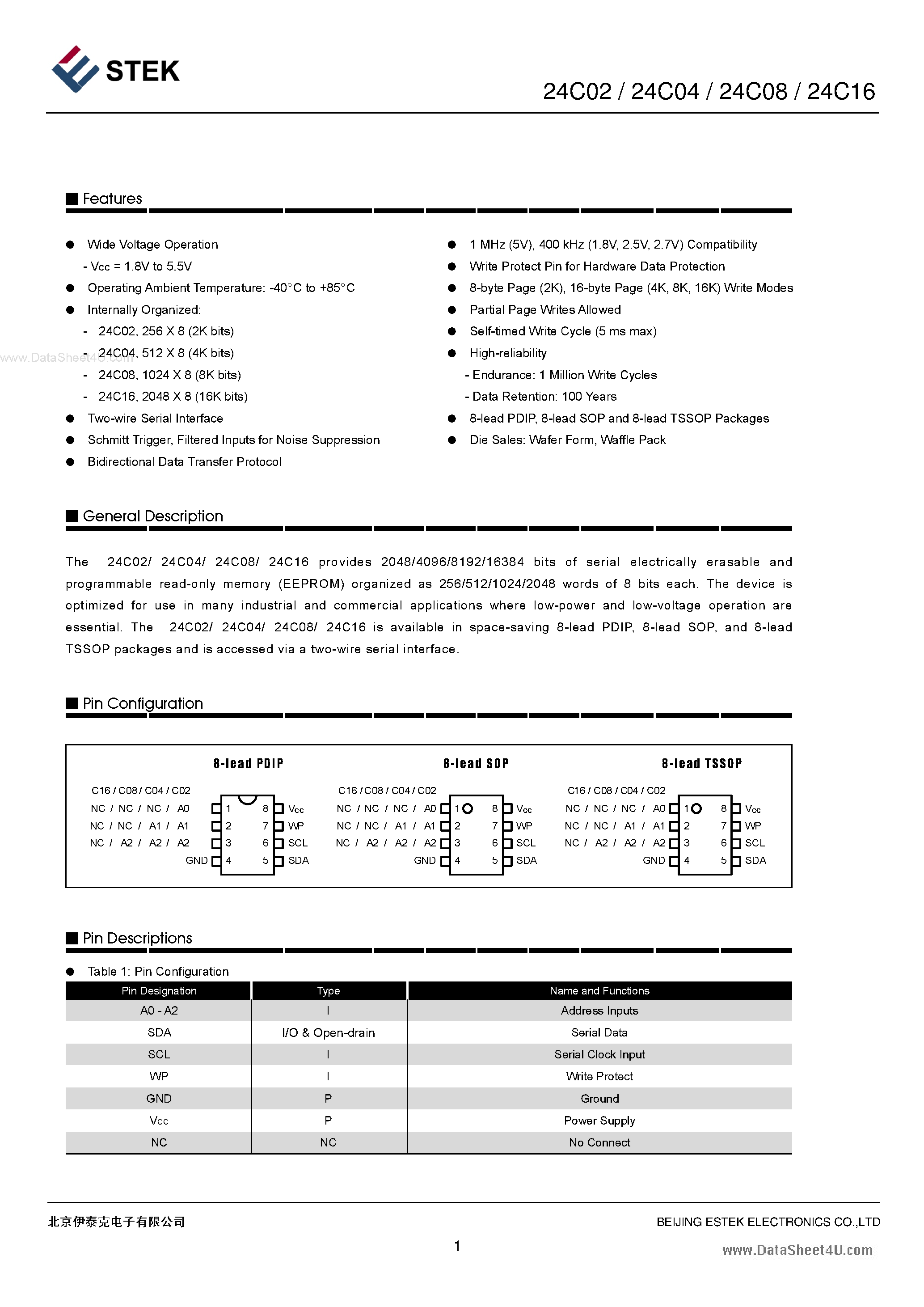 Даташит 24C02 - (24C0x) 8-lead SOP and 8-lead TSSOP Packages страница 1