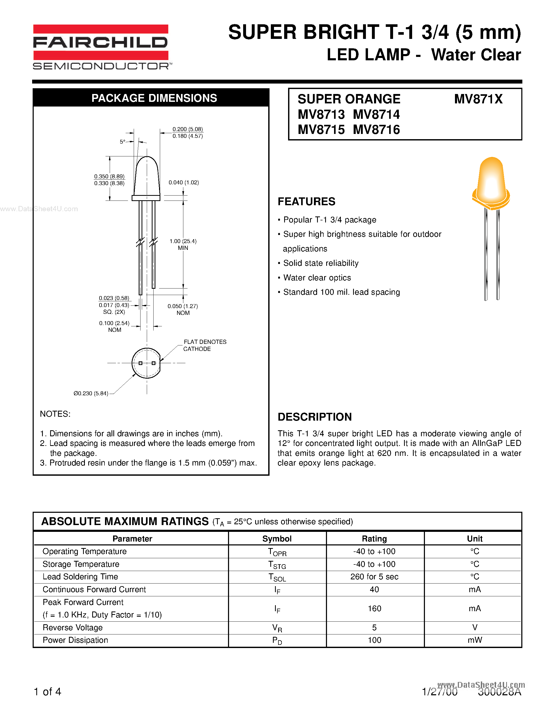 Даташит на микросхему MV8713 страница 1 Даташит MV8713 - (MV8713 - MV8716) SUPER BRIGHT T-1 3/4 (5 mm) LED LAMP страница 1