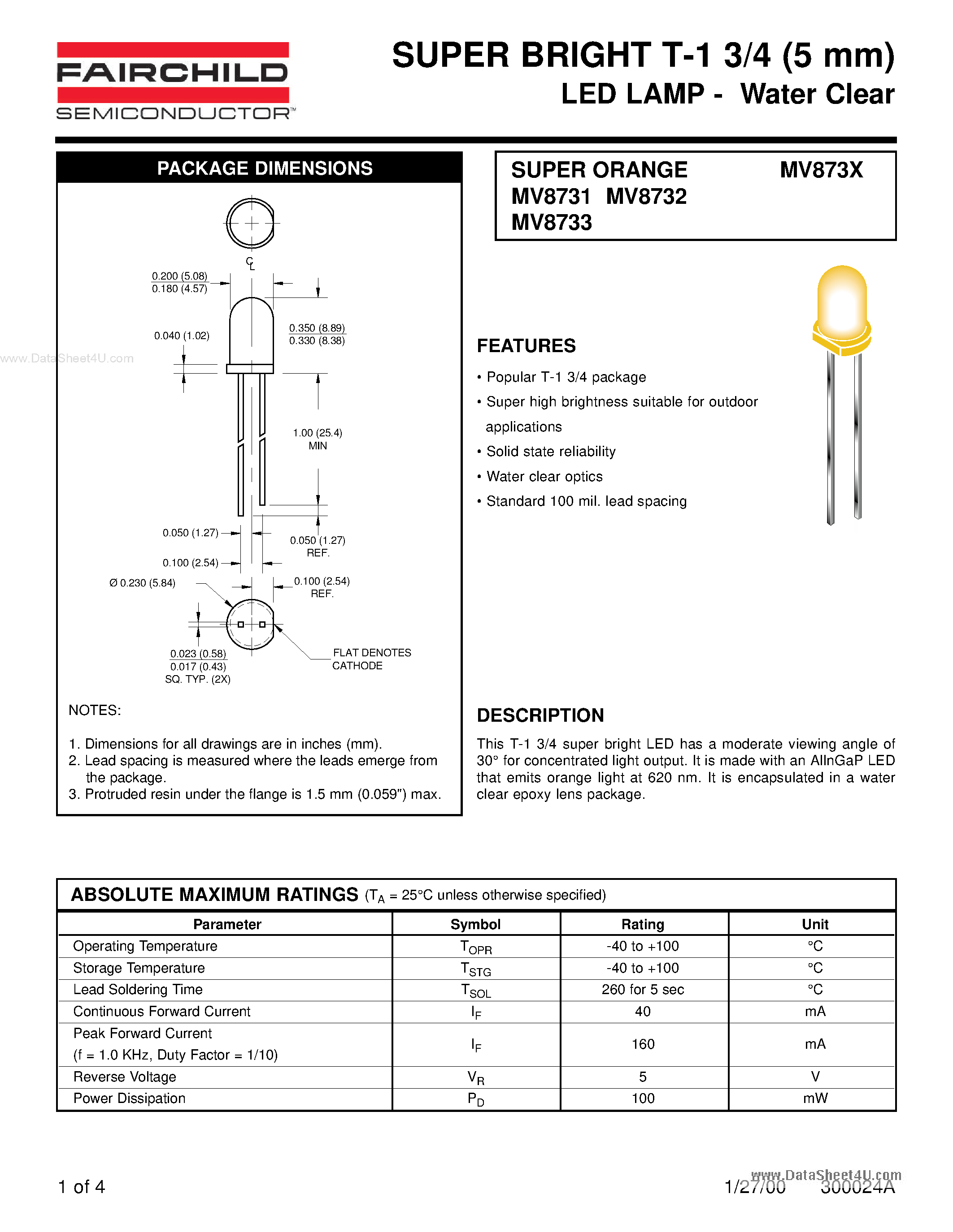 Даташит на микросхему MV8731 страница 1 Даташит MV8731 - (MV8731 - MV8733) SUPER BRIGHT T-1 3/4 (5 mm) LED LAMP страница 1