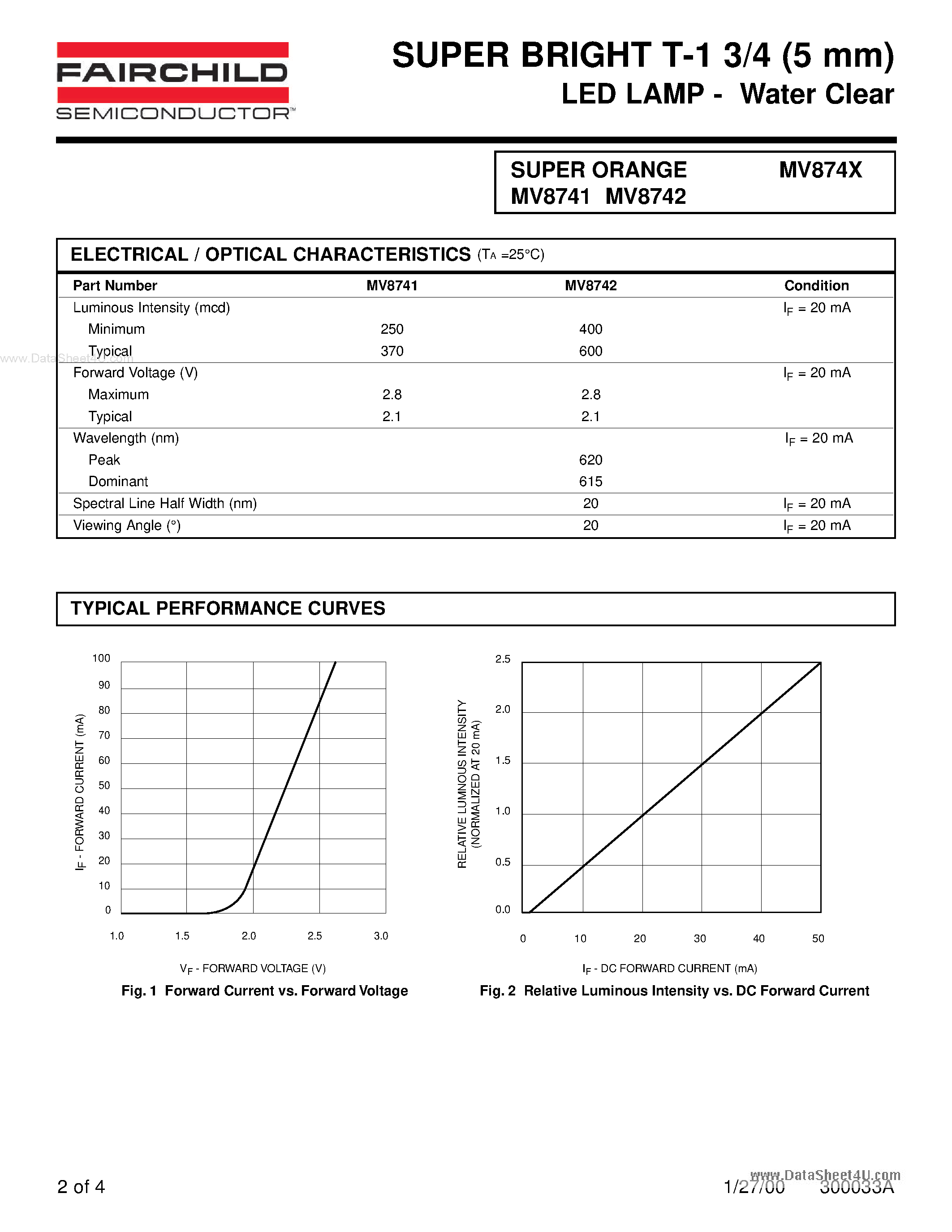 Даташит MV8741 - (MV8741 / MV8742) SUPER BRIGHT T-1 3/4 (5 mm) LED LAMP страница 2