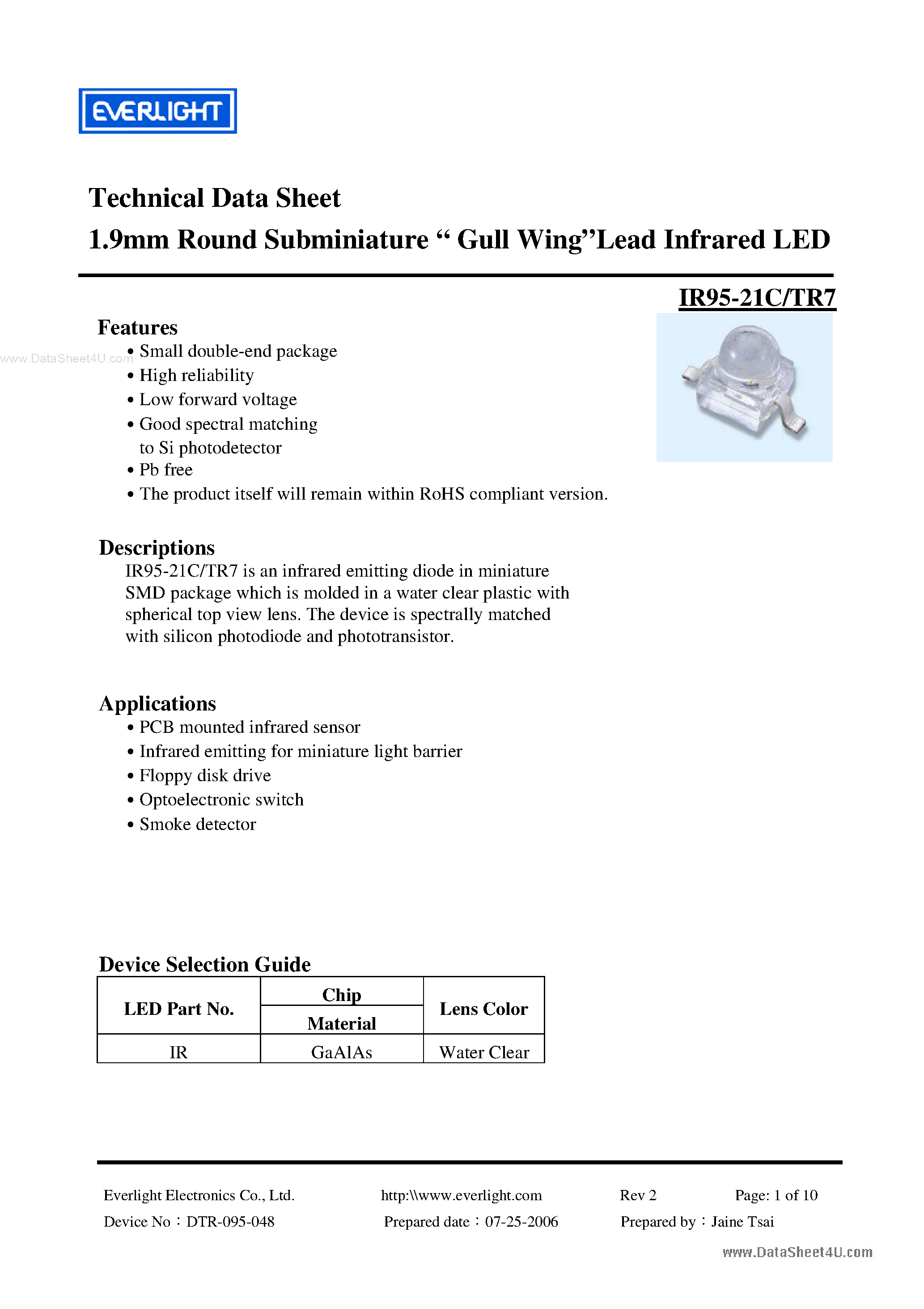 Datasheet IR95-21C/TR7 - 1.9mm Round Subminiature Gull Wing Lead Infrared LED page 1