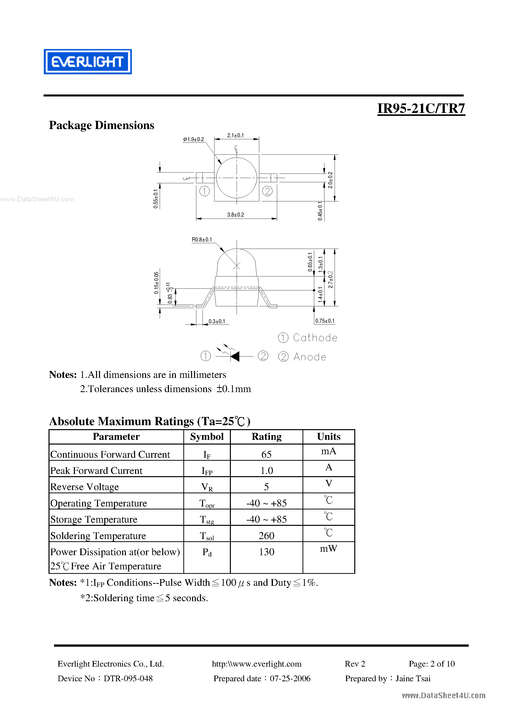 Datasheet IR95-21C/TR7 - 1.9mm Round Subminiature Gull Wing Lead Infrared LED page 2