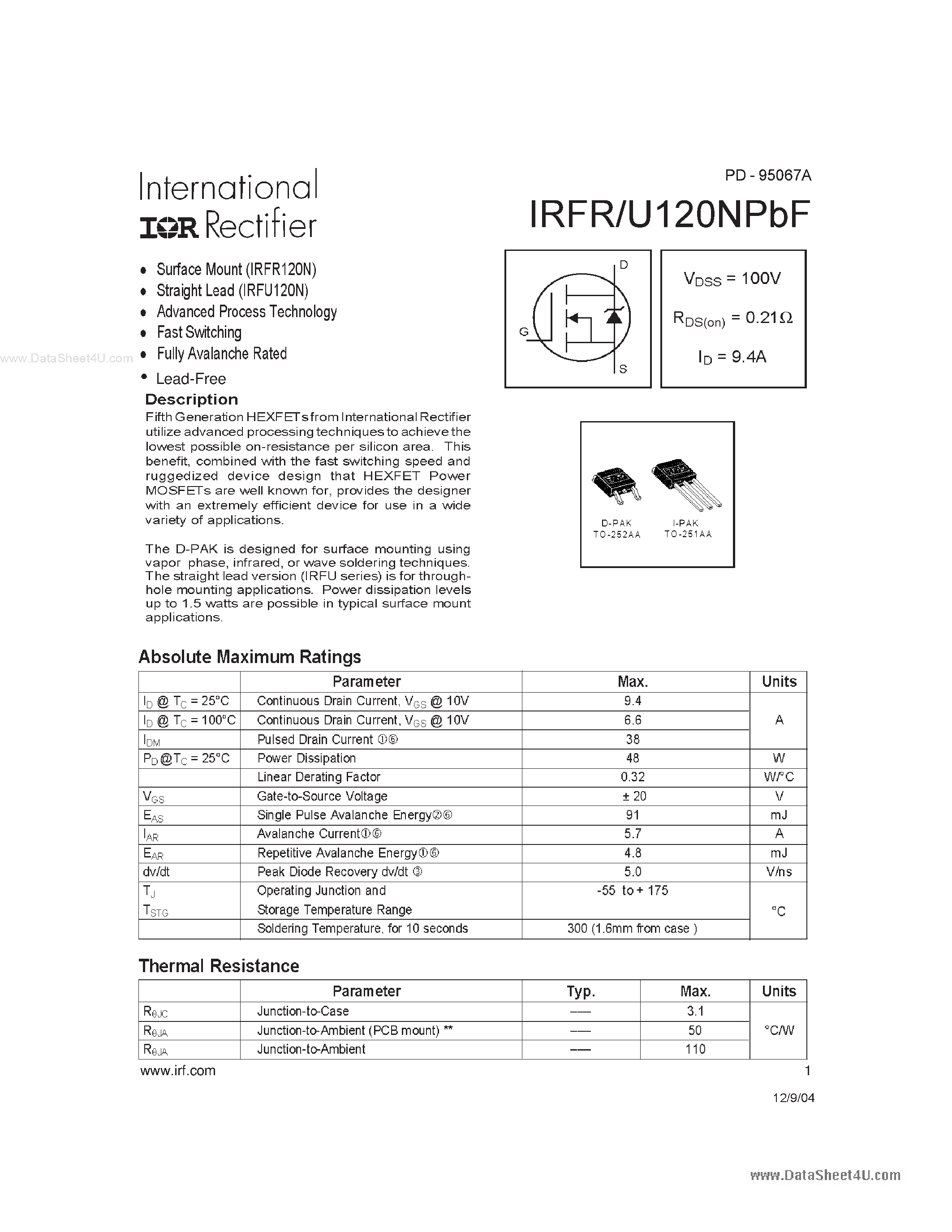 Datasheet IRFR120NPBF - Fast Switching page 1