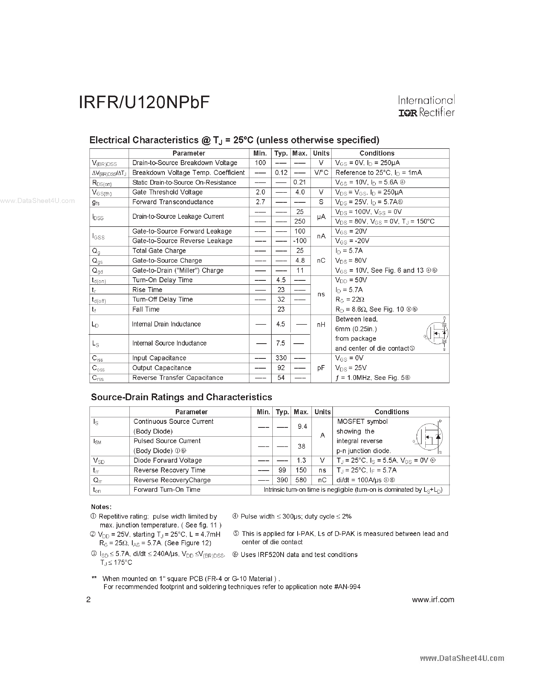 Datasheet IRFR120NPBF - Fast Switching page 2