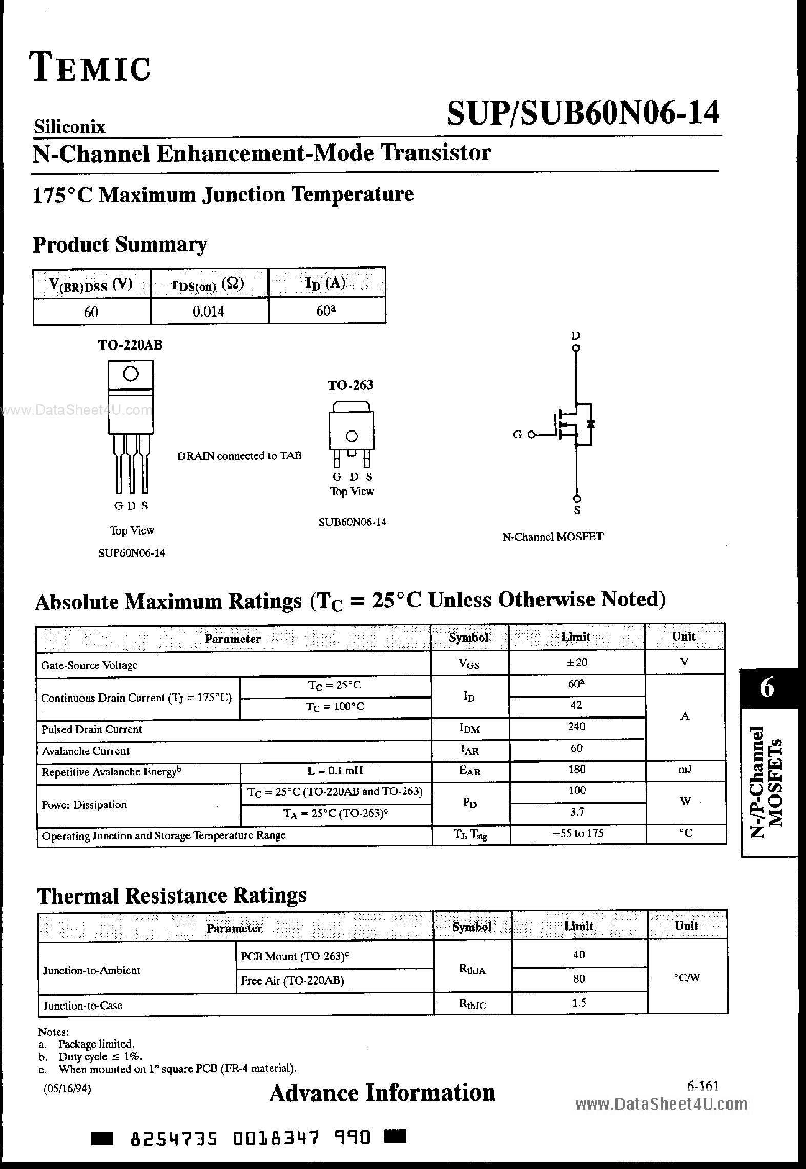 Datasheet SUP60N06-14 - N-Channel Enhancement Mode Transistor page 1