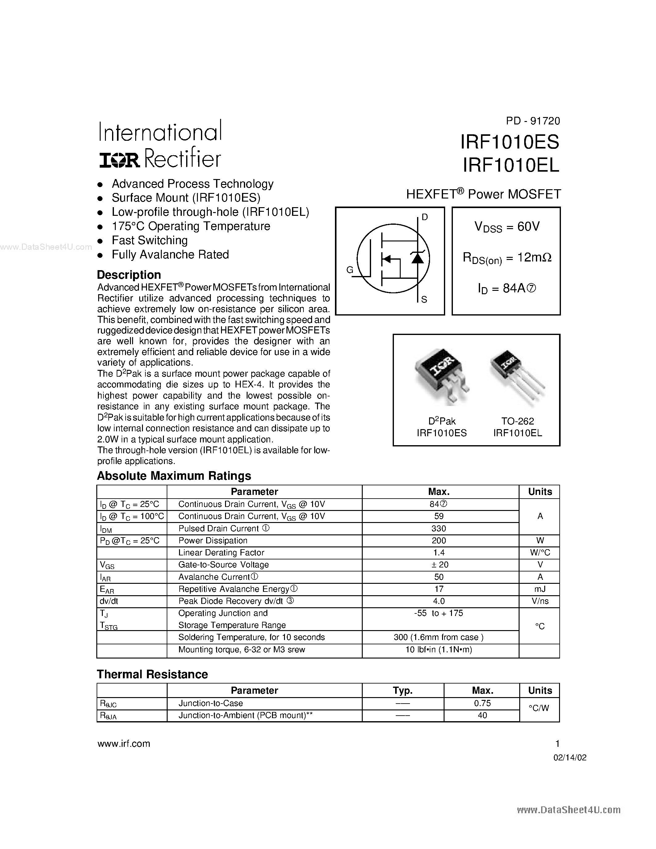 Datasheet F1010ES - Search -----> IRF1010ES page 1