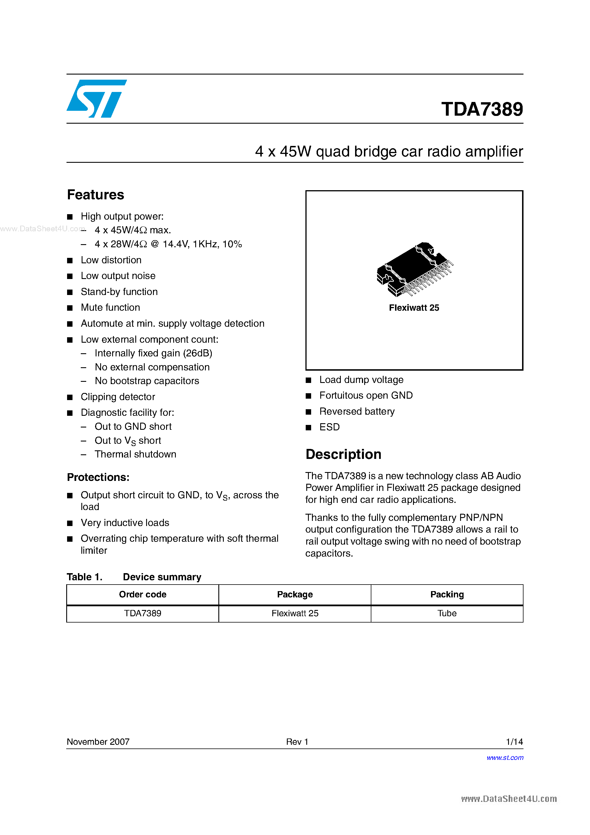 Datasheet TDA7389 page 1 Datasheet TDA7389 - 4 x 45W quad bridge car radio amplifier page 1