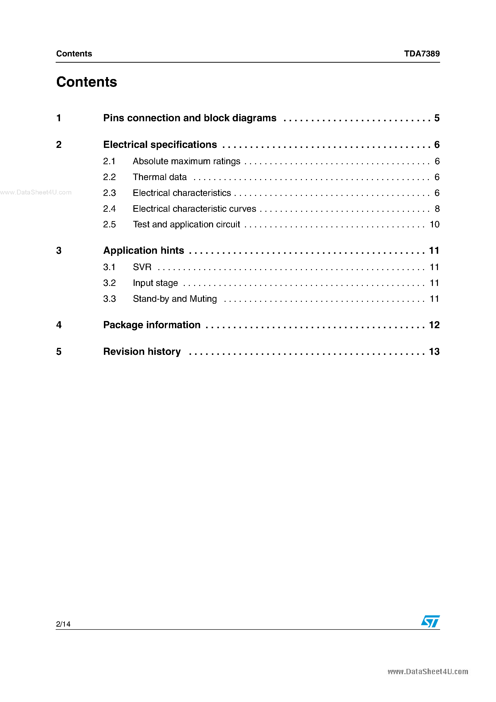 Datasheet TDA7389 page 2 Datasheet TDA7389 - 4 x 45W quad bridge car radio amplifier page 2
