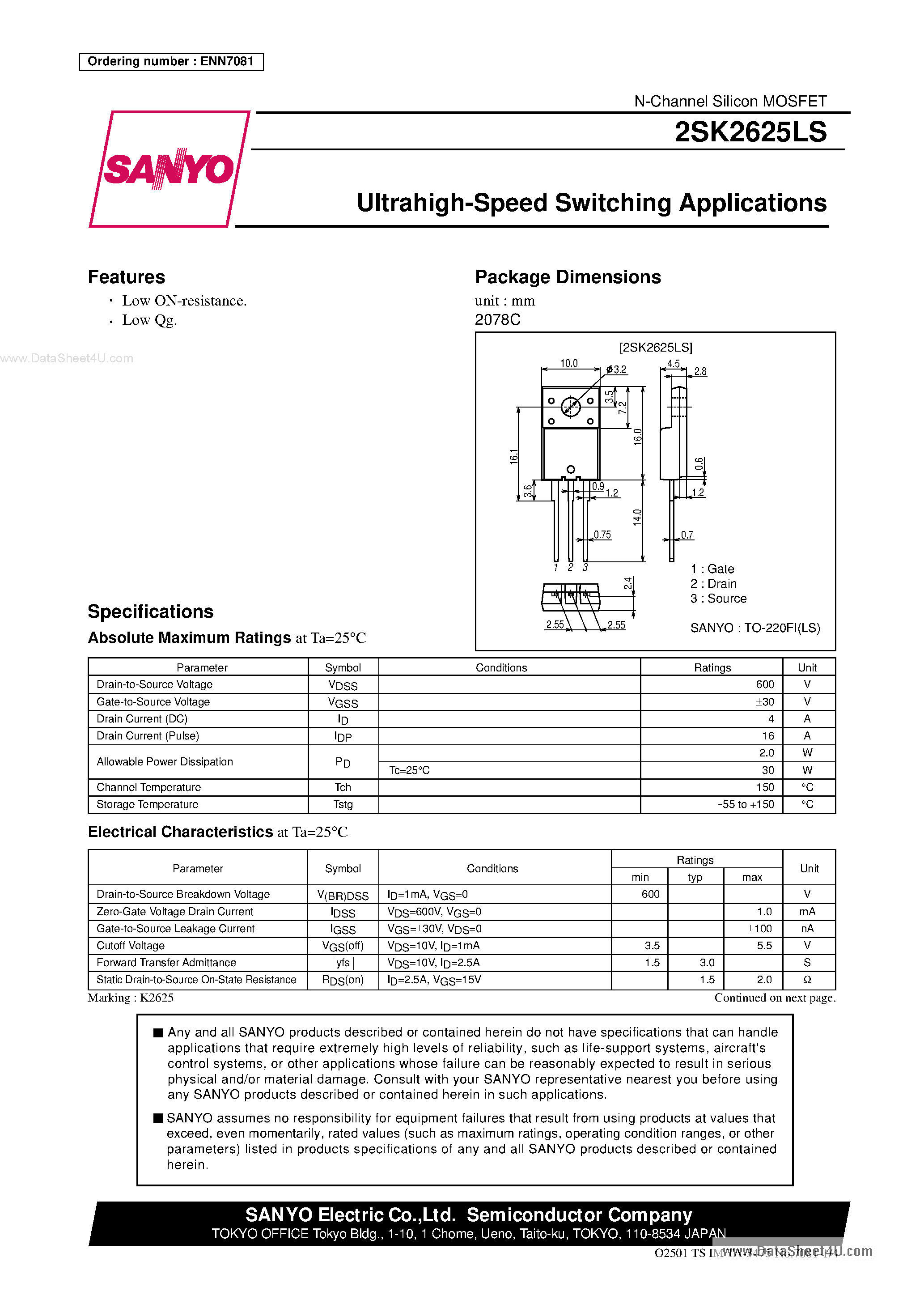 Datasheet K2625LS page 1 Datasheet K2625LS - Search -----> 2SK2625LS page 1