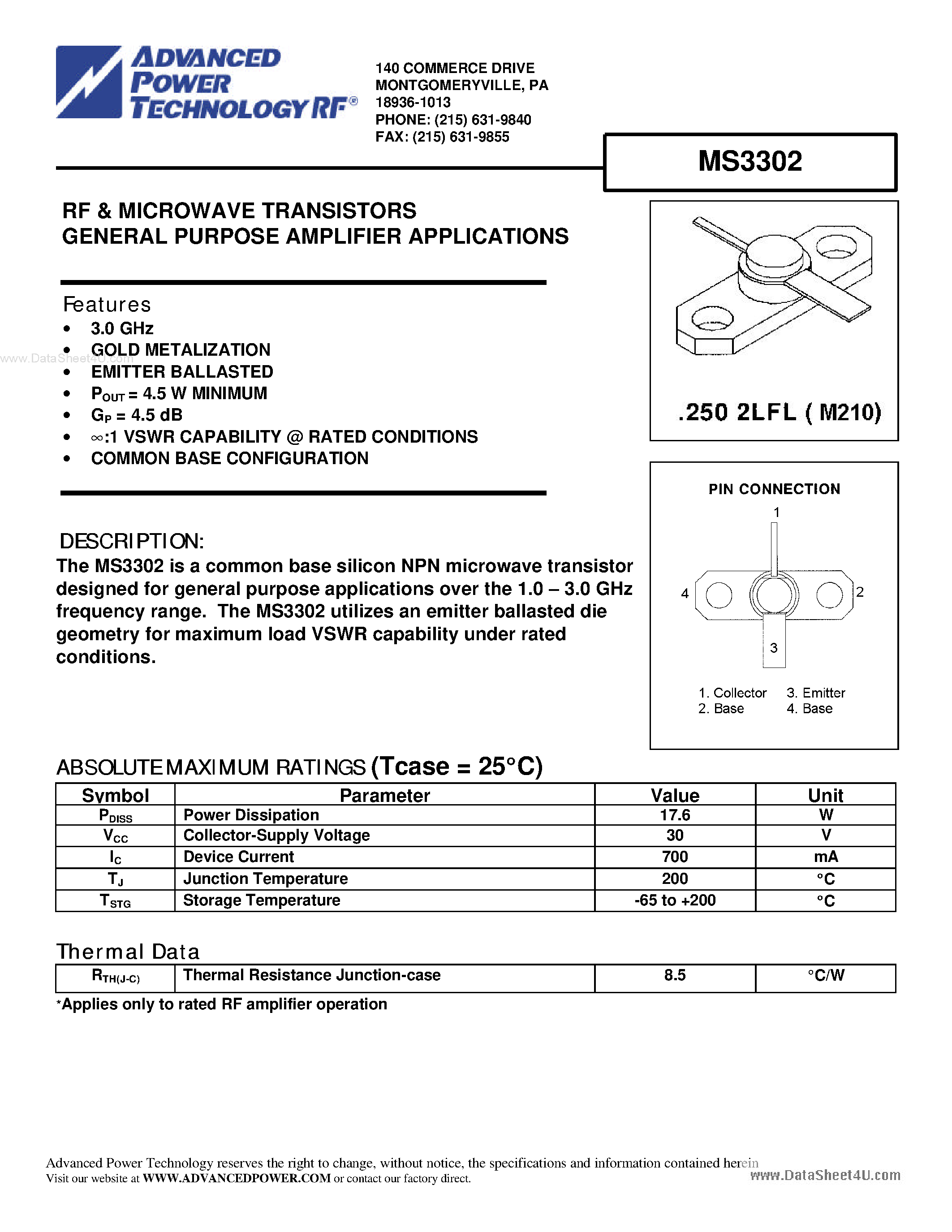 Datasheet MS3302 - RF & MICROWAVE TRANSISTORS GENERAL PURPOSE AMPLIFIER APPLICATIONS page 1
