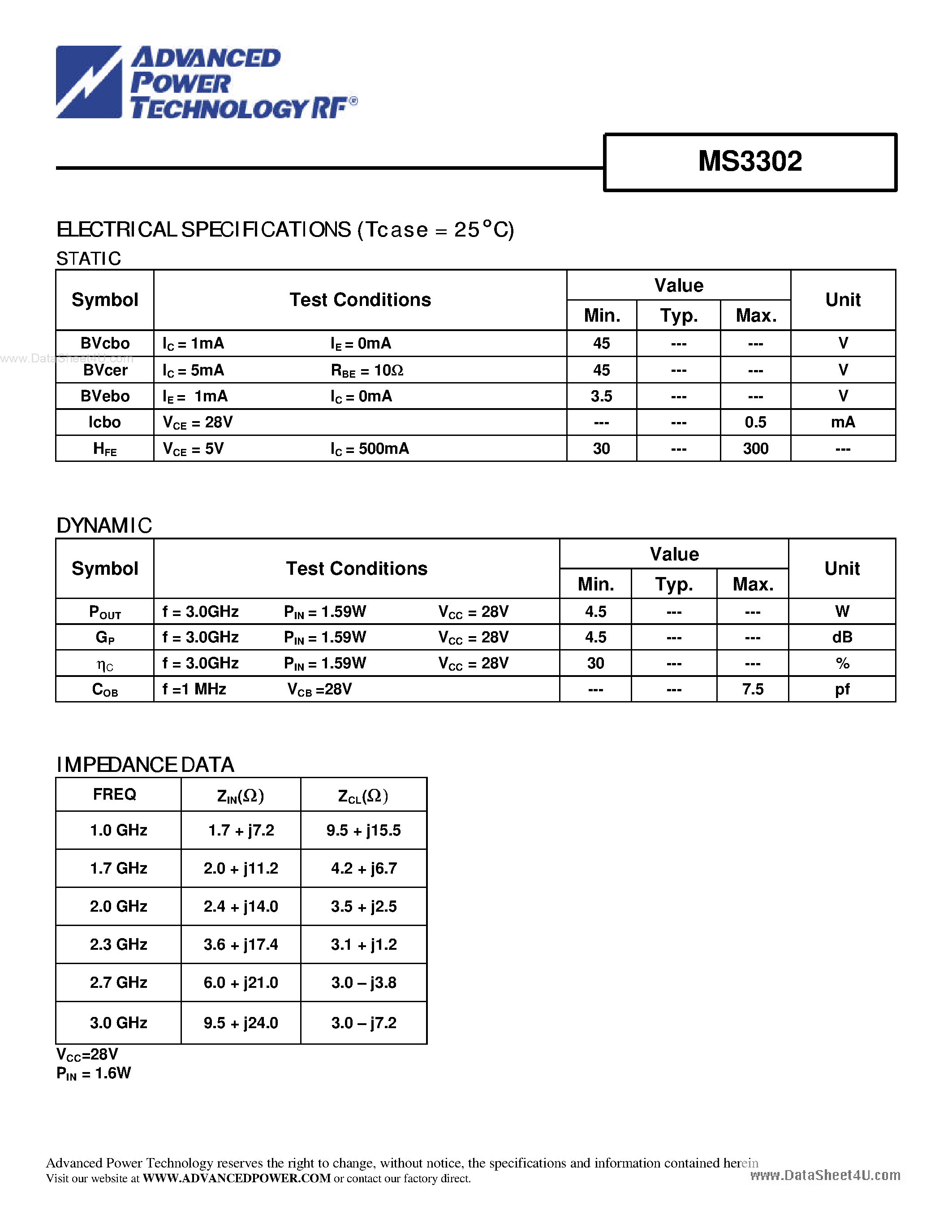 Datasheet MS3302 - RF & MICROWAVE TRANSISTORS GENERAL PURPOSE AMPLIFIER APPLICATIONS page 2
