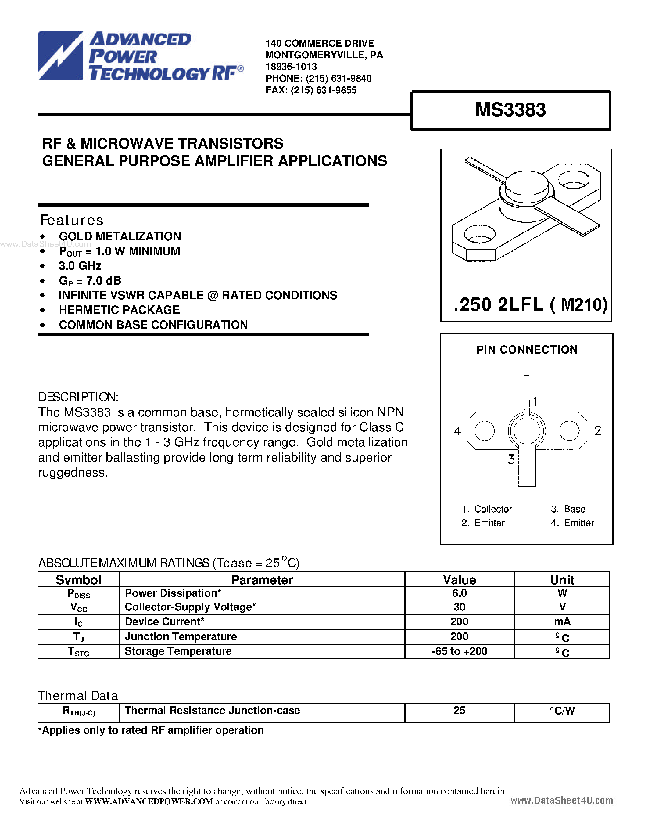 Datasheet MS3383 - RF & MICROWAVE TRANSISTORS GENERAL PURPOSE AMPLIFIER APPLICATIONS page 1