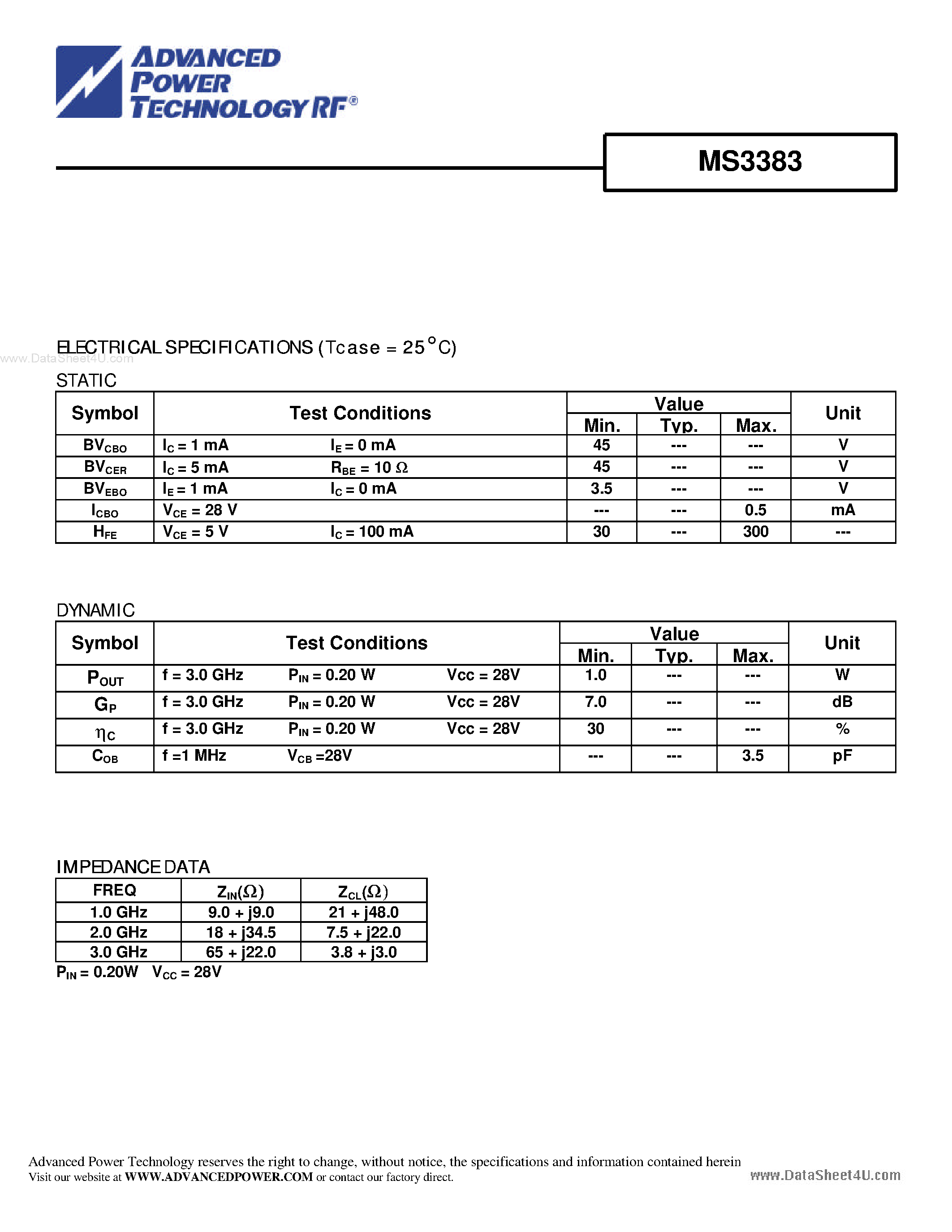 Datasheet MS3383 - RF & MICROWAVE TRANSISTORS GENERAL PURPOSE AMPLIFIER APPLICATIONS page 2