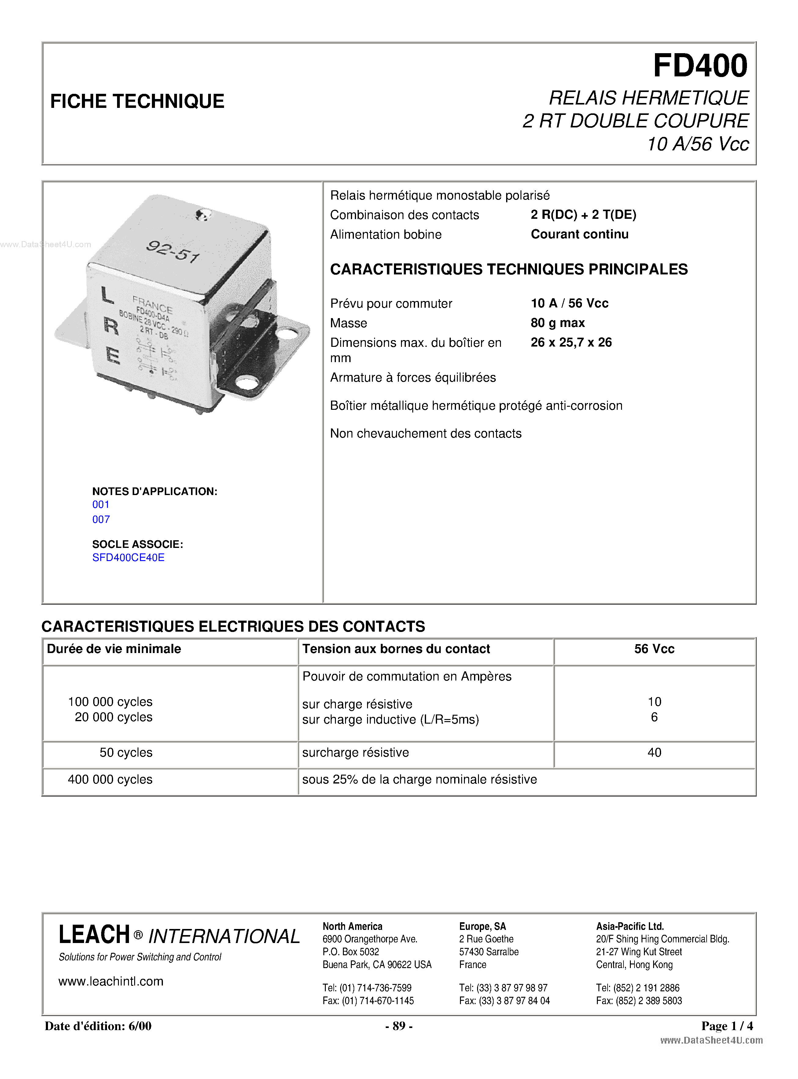 Datasheet FD400 - RELAIS HERMETIQUE 2 RT DOUBLE COUPURE 10 A/56 Vcc page 1