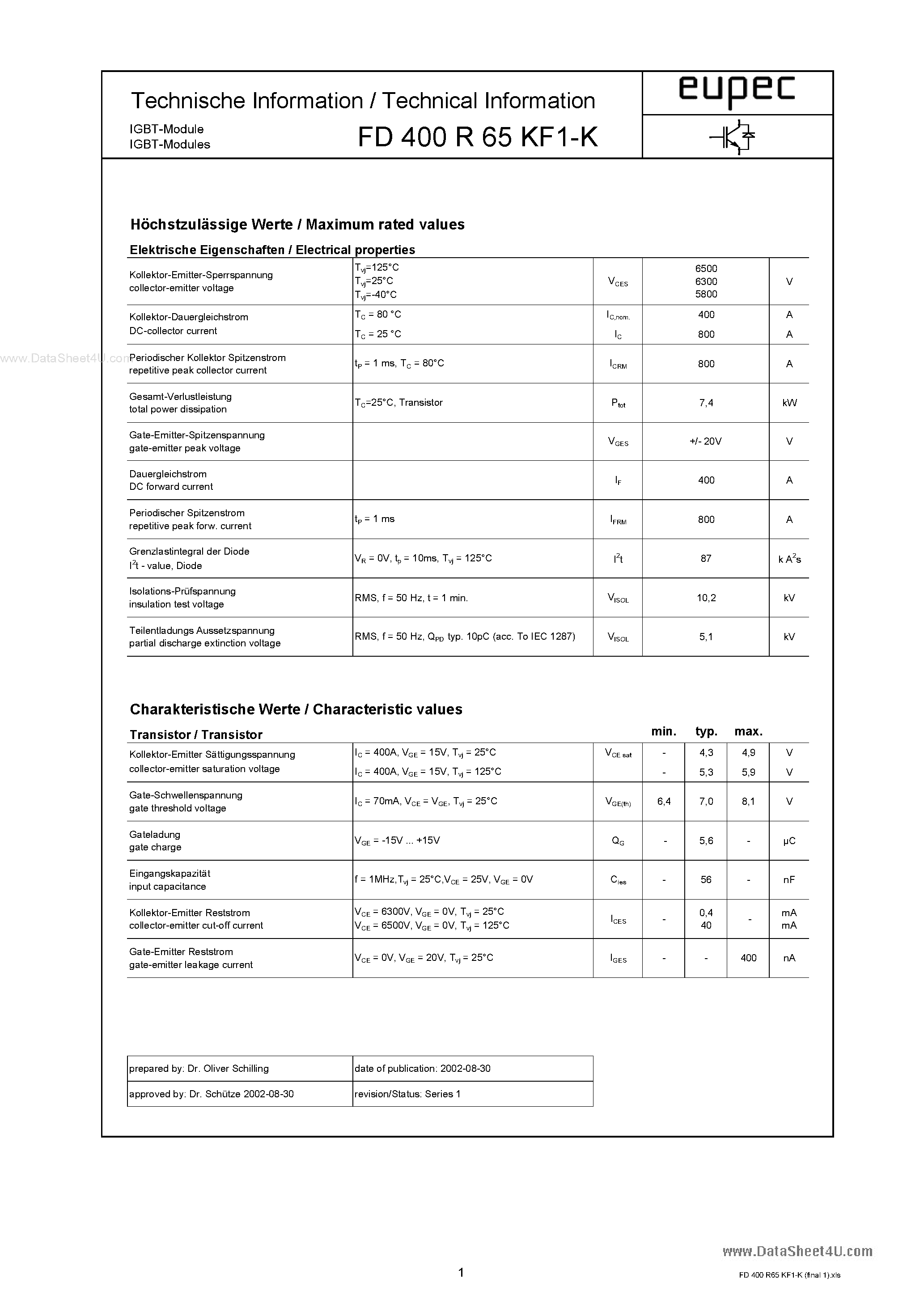 Datasheet FD400R65KF1-K - IGBT Modules page 1