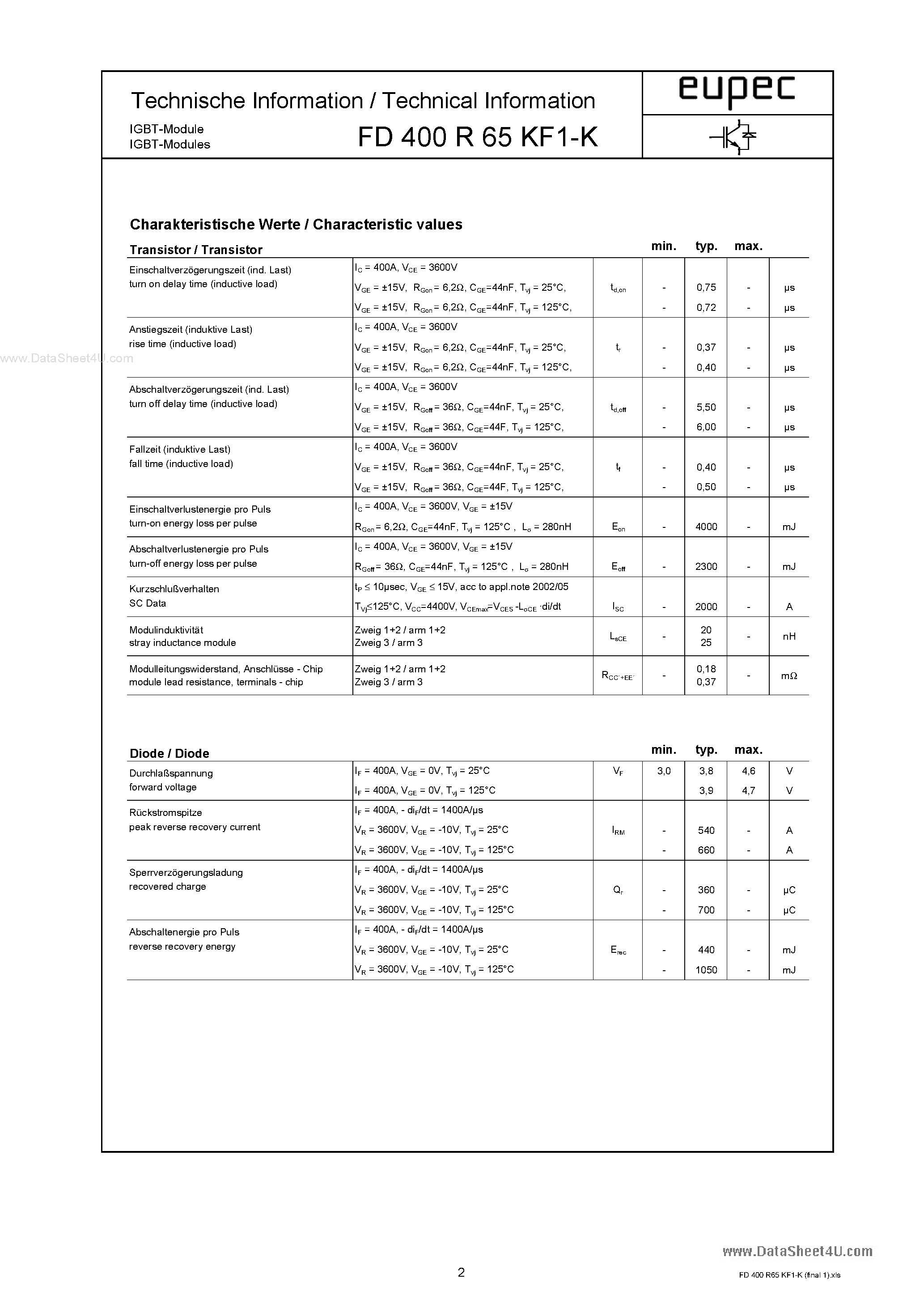 Datasheet FD400R65KF1-K page 2 Datasheet FD400R65KF1-K - IGBT Modules page 2