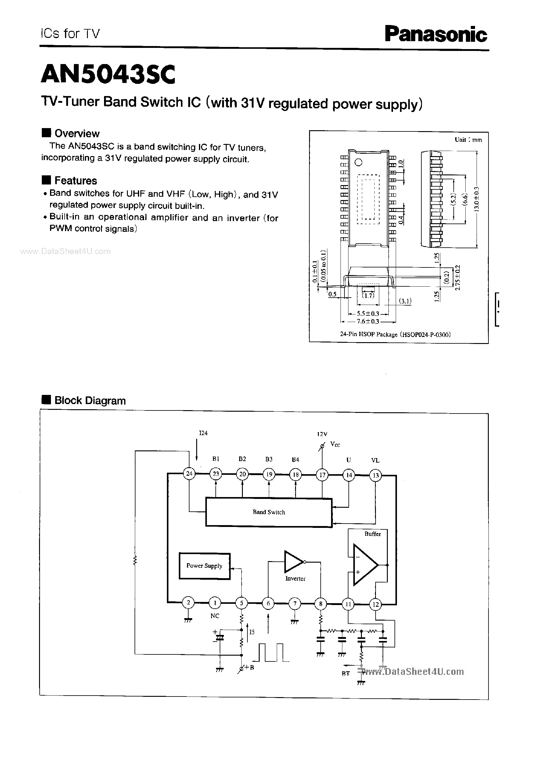 Даташит на микросхему AN5043SC страница 1 Даташит AN5043SC - TV-Tuner Band Switch IC страница 1