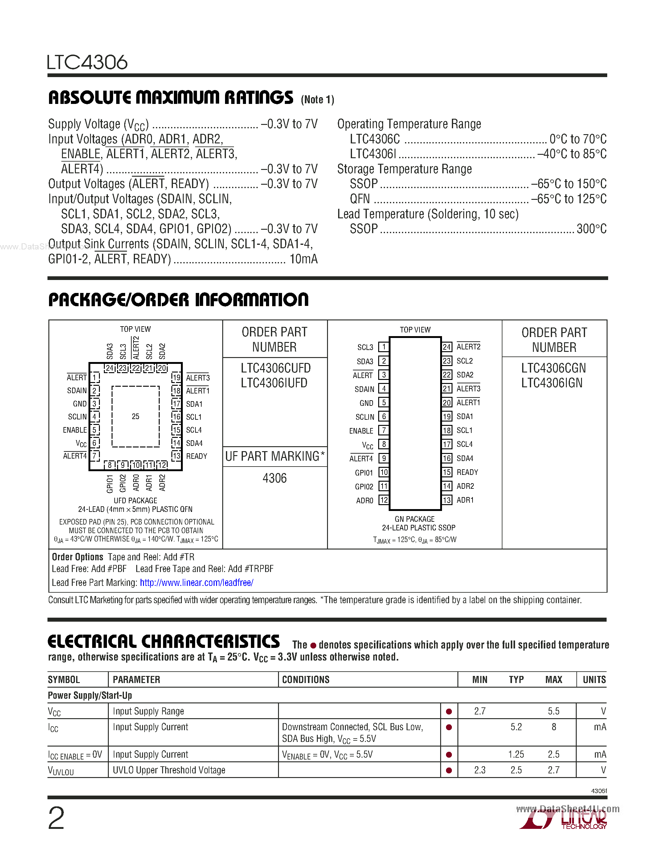 Даташит LTC4306 - 2-Wire Bus Multiplexer страница 2