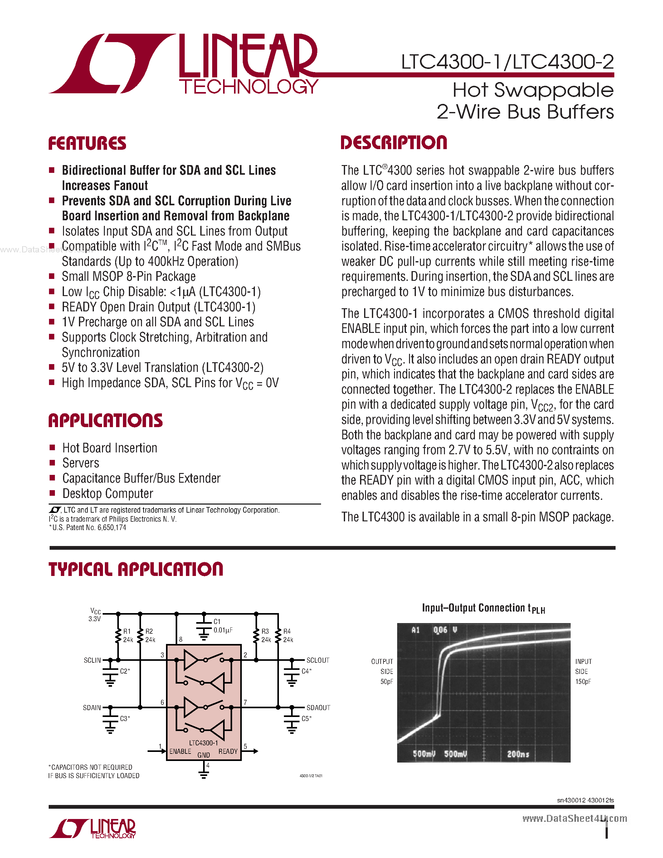 Datasheet LTC4300-1 page 1 Datasheet LTC4300-1 - (LTC4300-1/-2) Hot Swappable 2-Wire Bus Buffers page 1