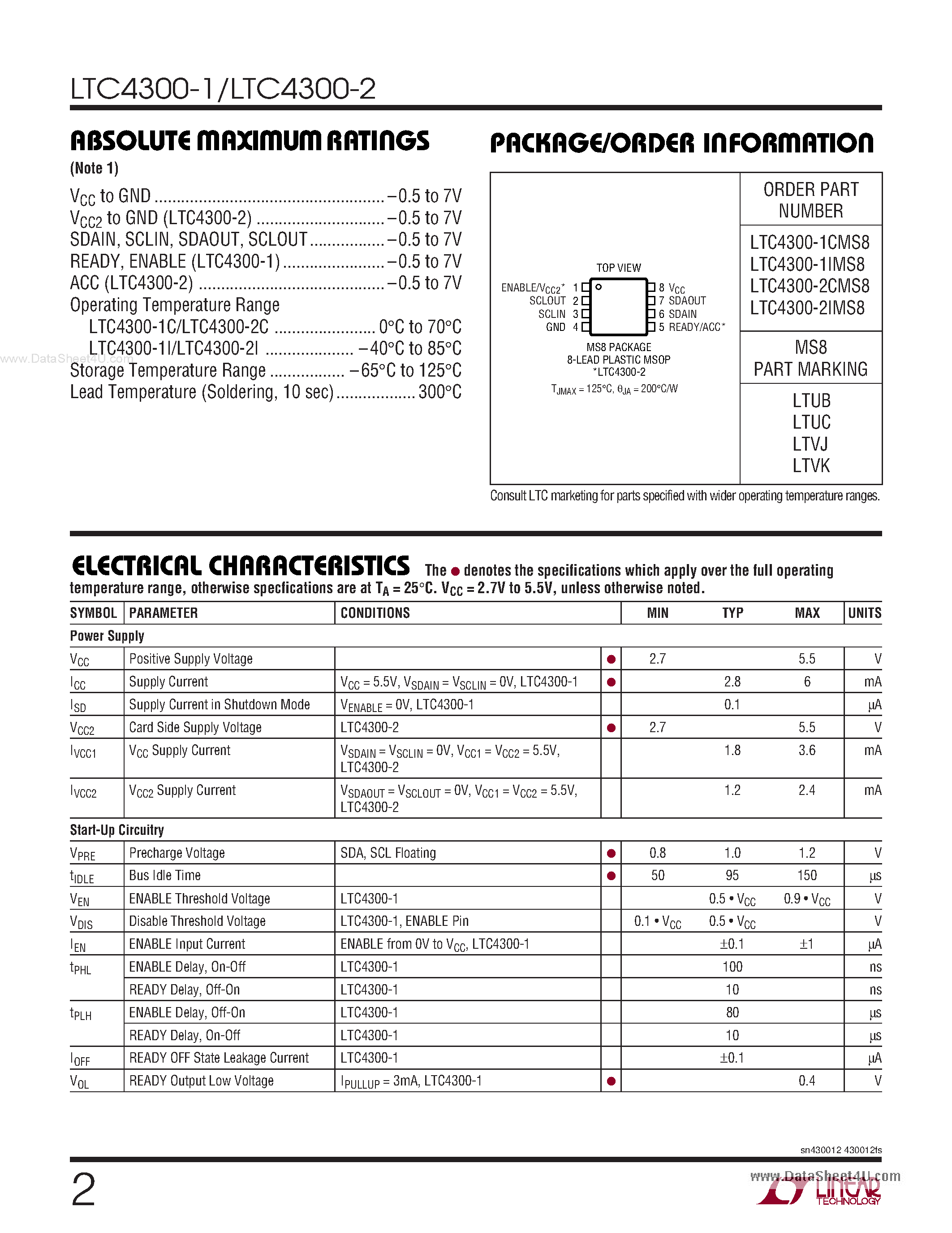 Datasheet LTC4300-1 page 2 Datasheet LTC4300-1 - (LTC4300-1/-2) Hot Swappable 2-Wire Bus Buffers page 2