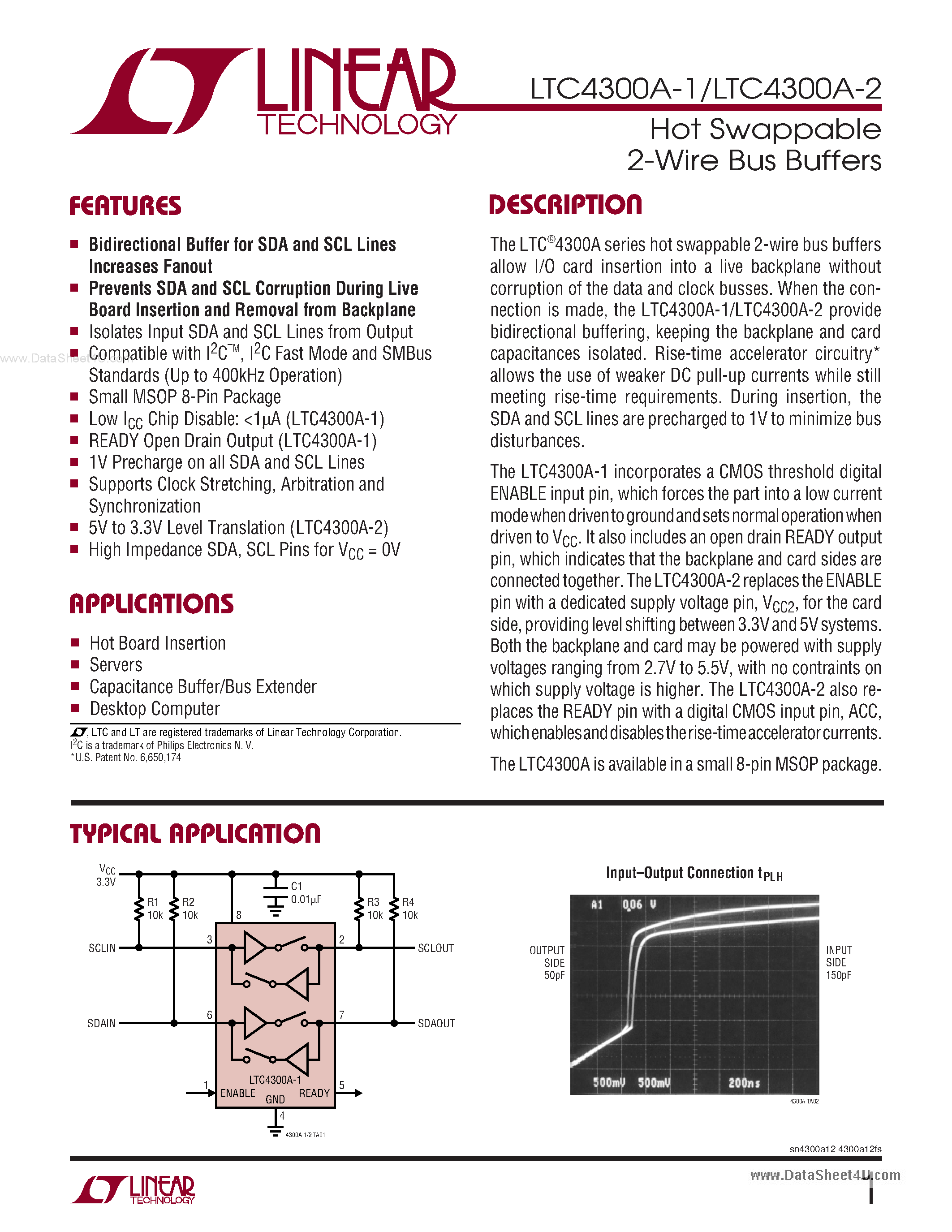 Datasheet LTC4300A-1 page 1 Datasheet LTC4300A-1 - (LTC4300A-1/-2) Hot Swappable 2-Wire Bus Buffers page 1
