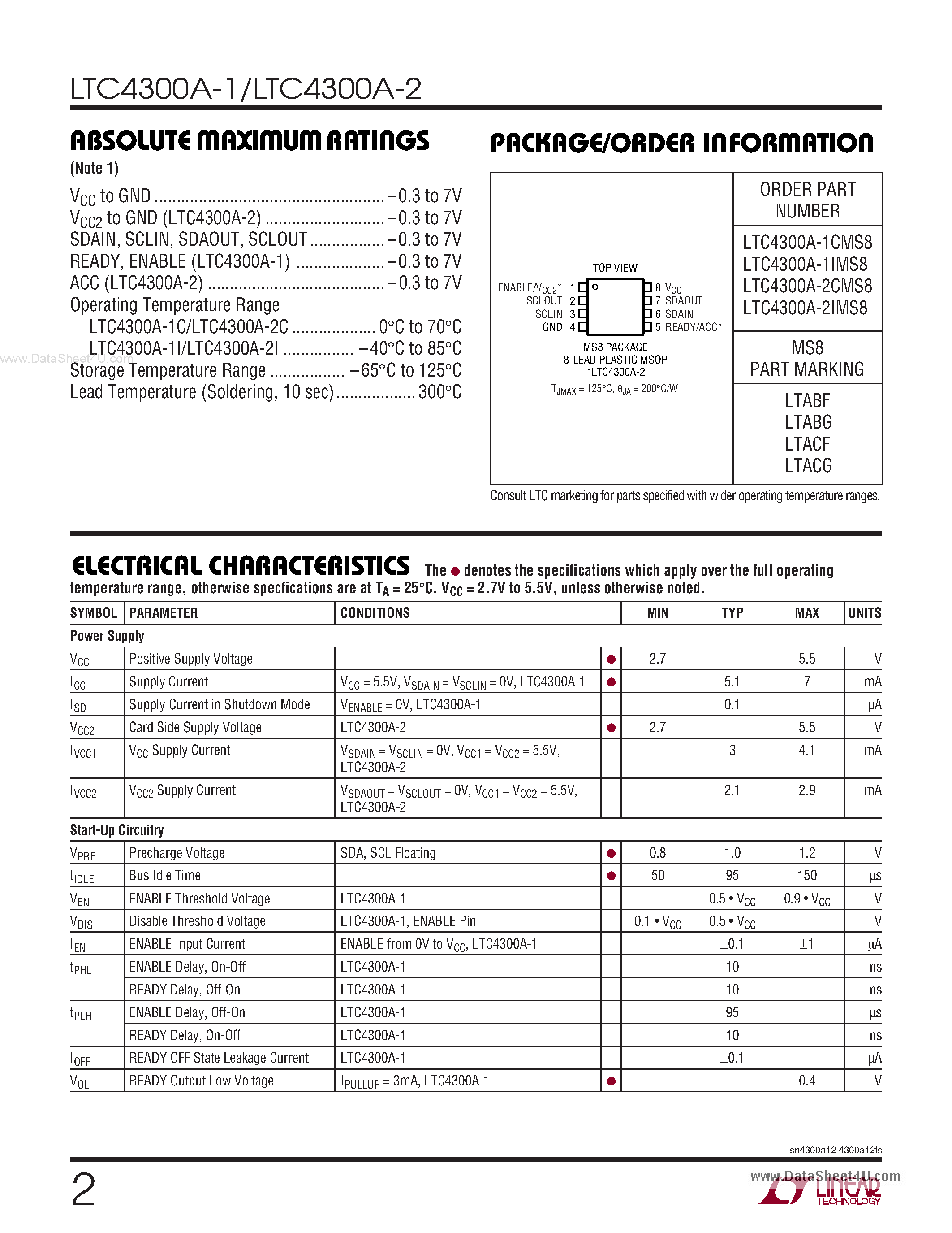 Datasheet LTC4300A-1 page 2 Datasheet LTC4300A-1 - (LTC4300A-1/-2) Hot Swappable 2-Wire Bus Buffers page 2
