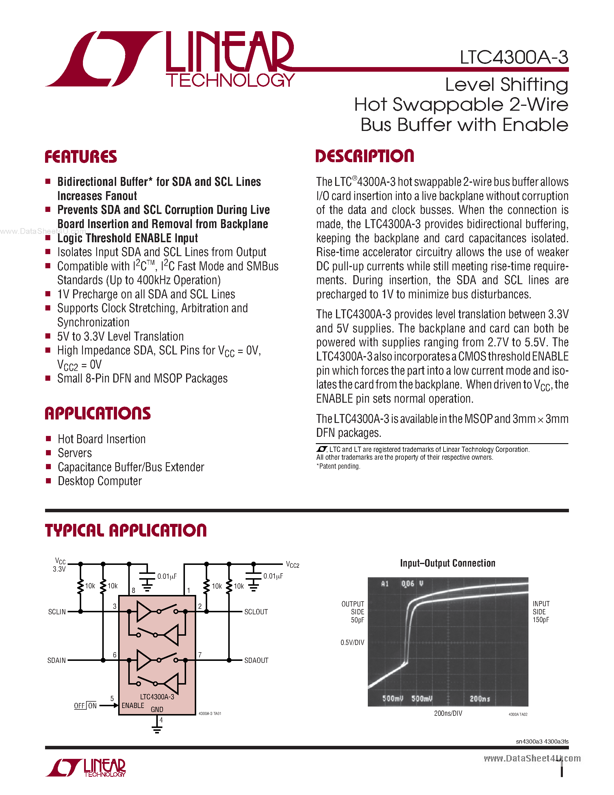 Даташит LTC4300A-3 - Level Shifting Hot Swappable 2-Wire Bus Buffer страница 1