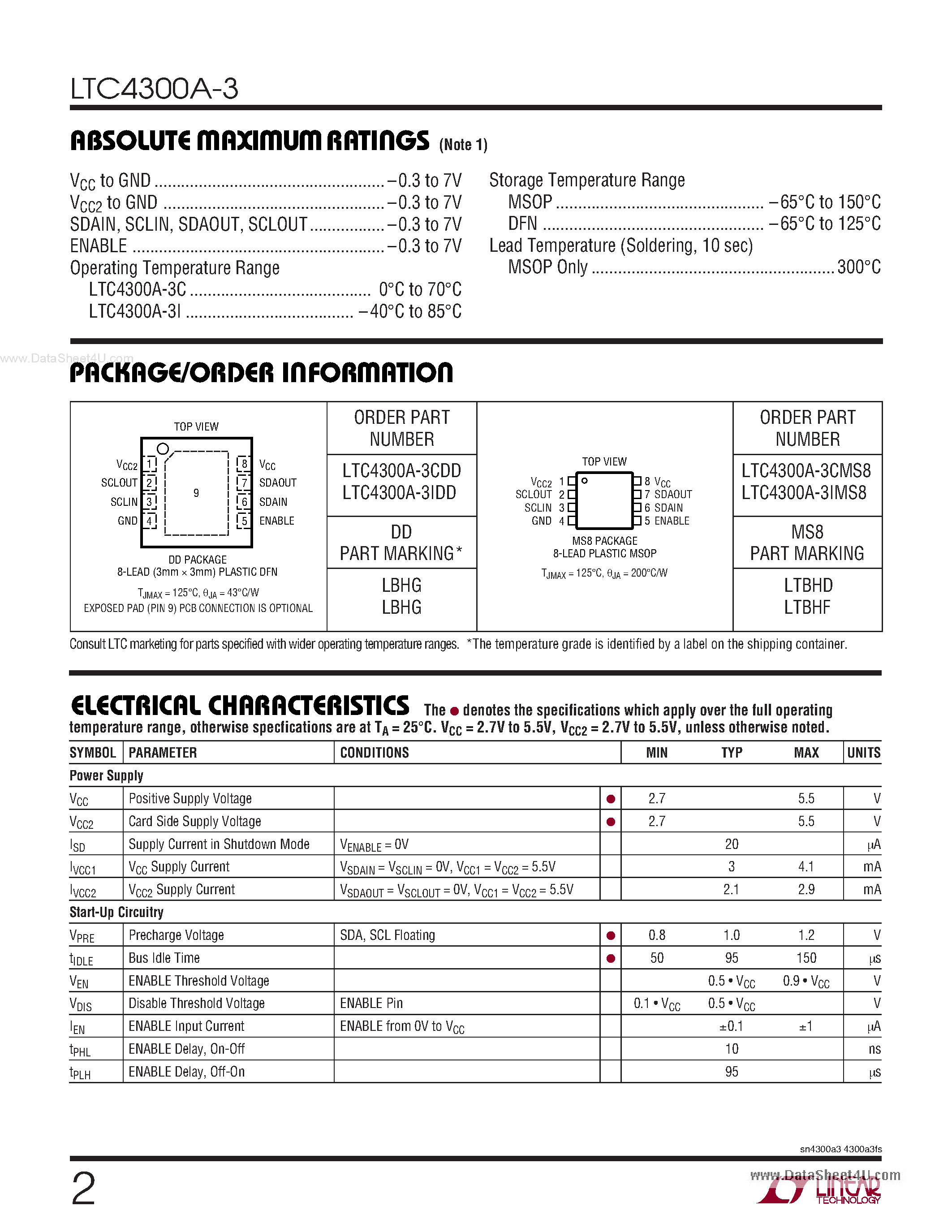 Даташит LTC4300A-3 - Level Shifting Hot Swappable 2-Wire Bus Buffer страница 2