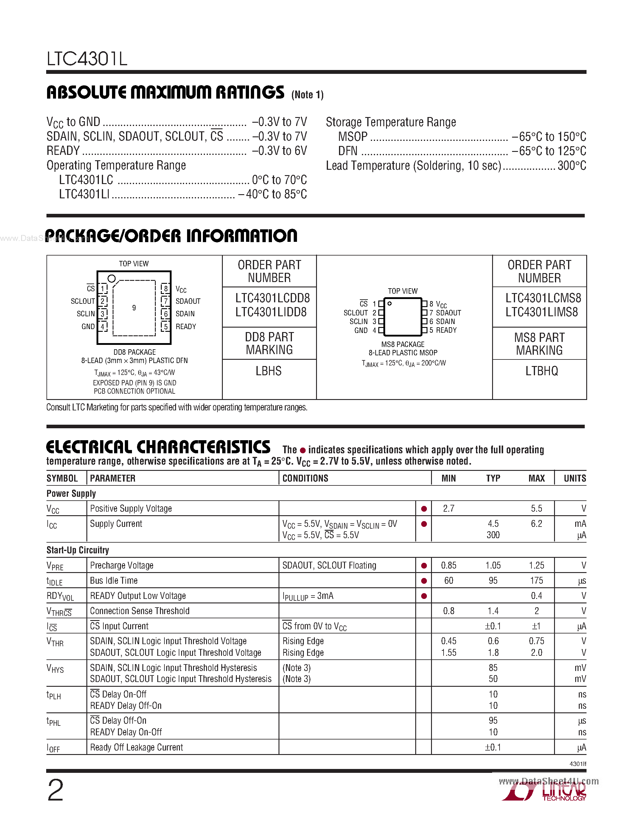 Даташит LTC4301L - Hot Swappable 2-Wire Bus Buffer страница 2