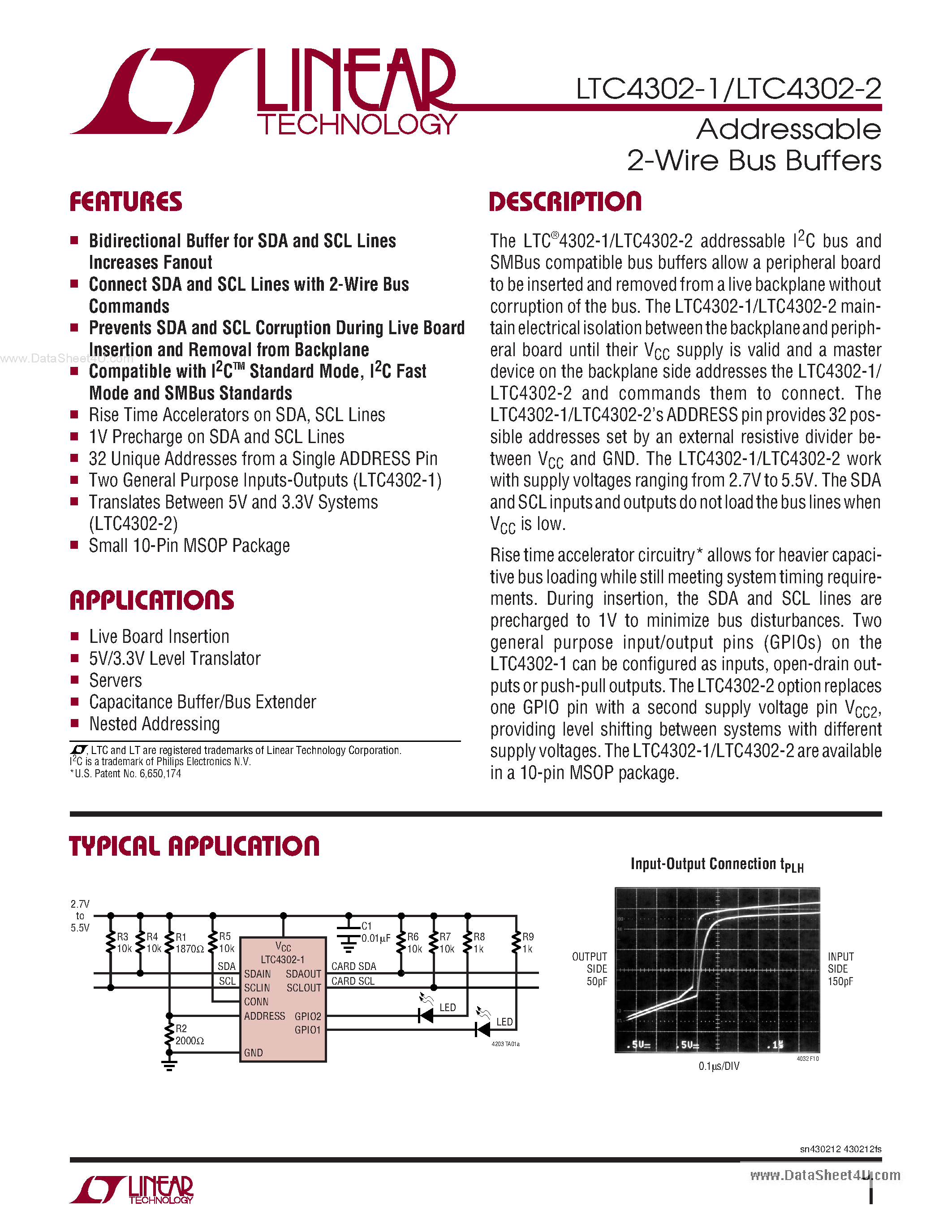 Datasheet LTC4302-1 - (LTC4302-1/-2) Addressable 2-Wire Bus Buffers page 1