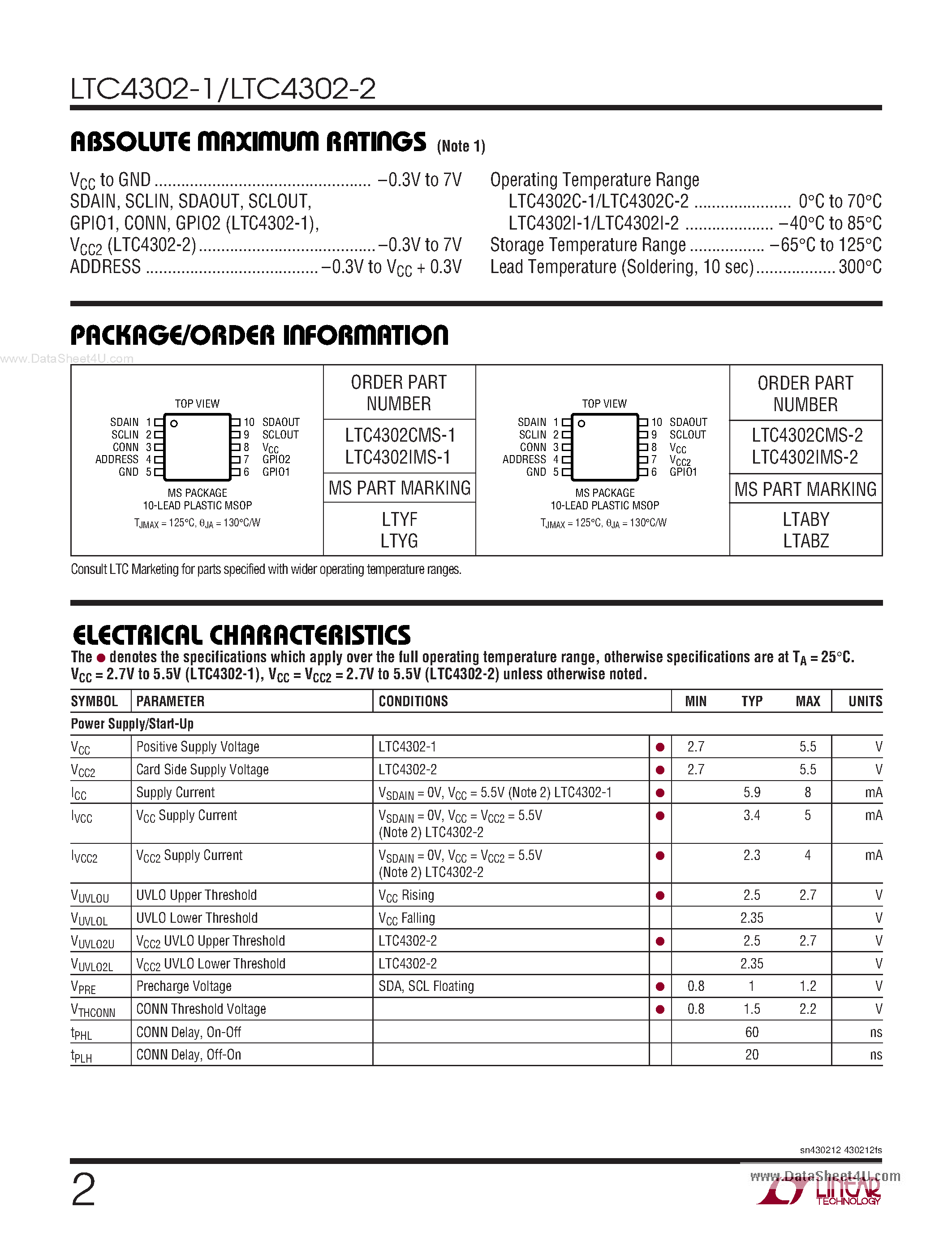 Datasheet LTC4302-1 - (LTC4302-1/-2) Addressable 2-Wire Bus Buffers page 2