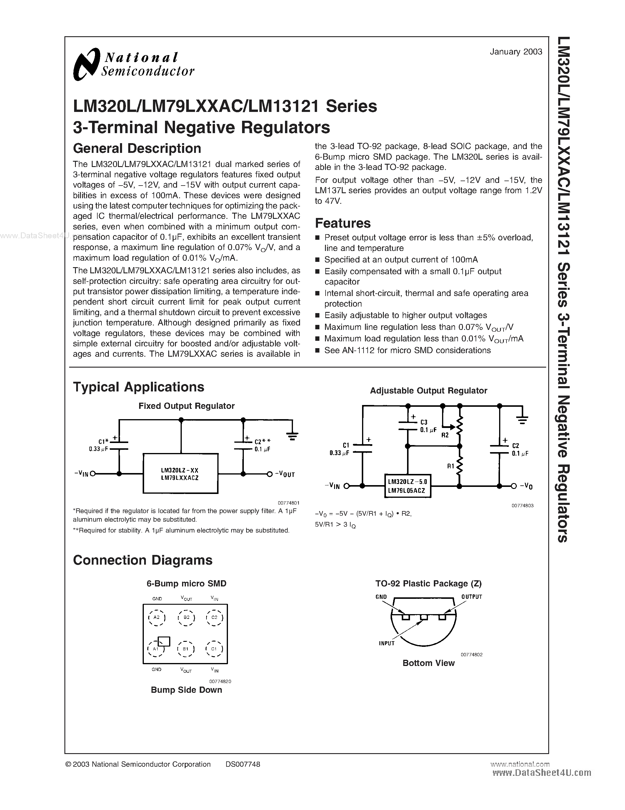 Datasheet LM13121 page 1 Datasheet LM13121 - 3-Terminal Negative Regulators page 1