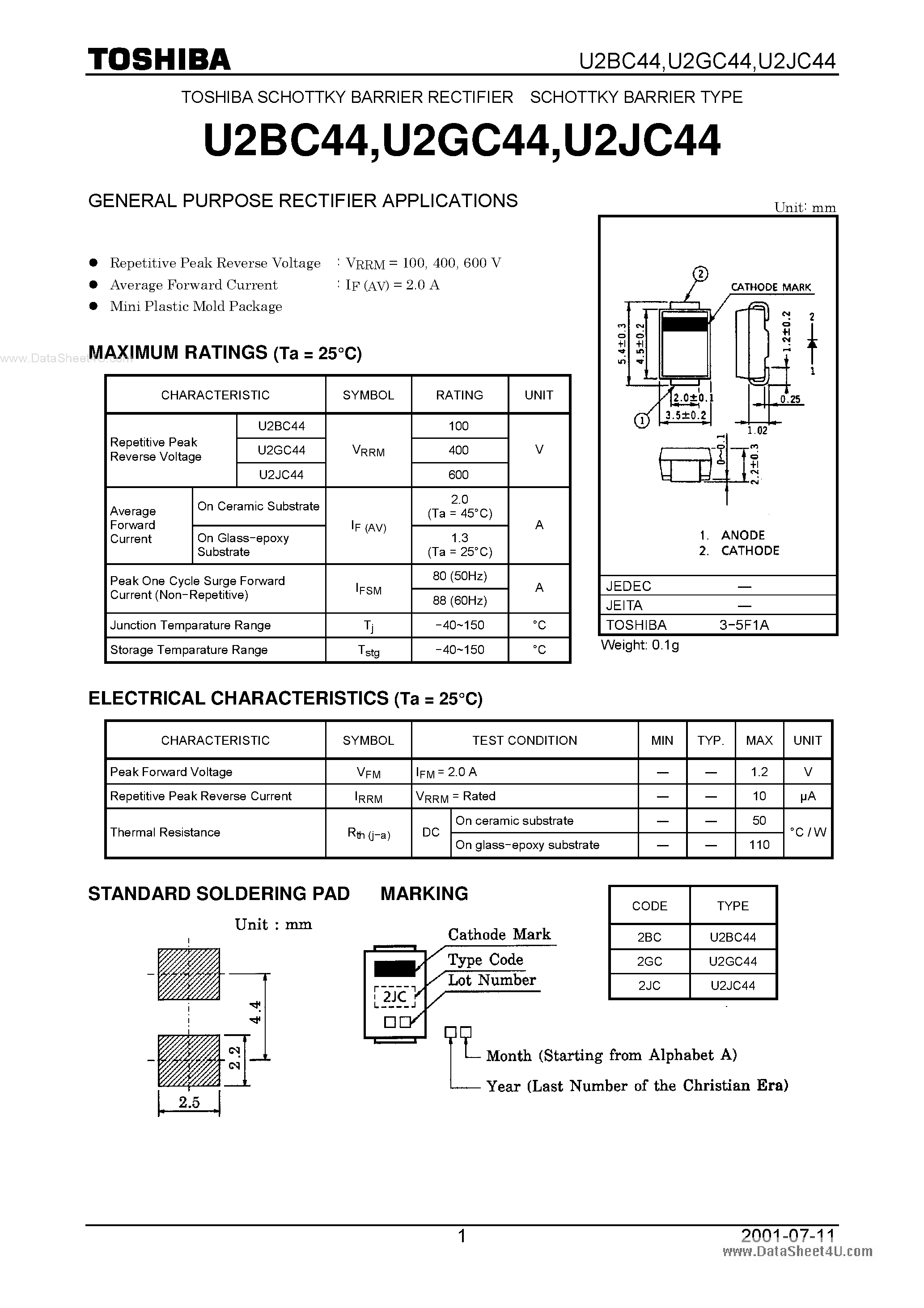 Datasheet U2GC44 page 1 Datasheet U2GC44 - RECTIFIER SCHOTTKY BARRIER page 1