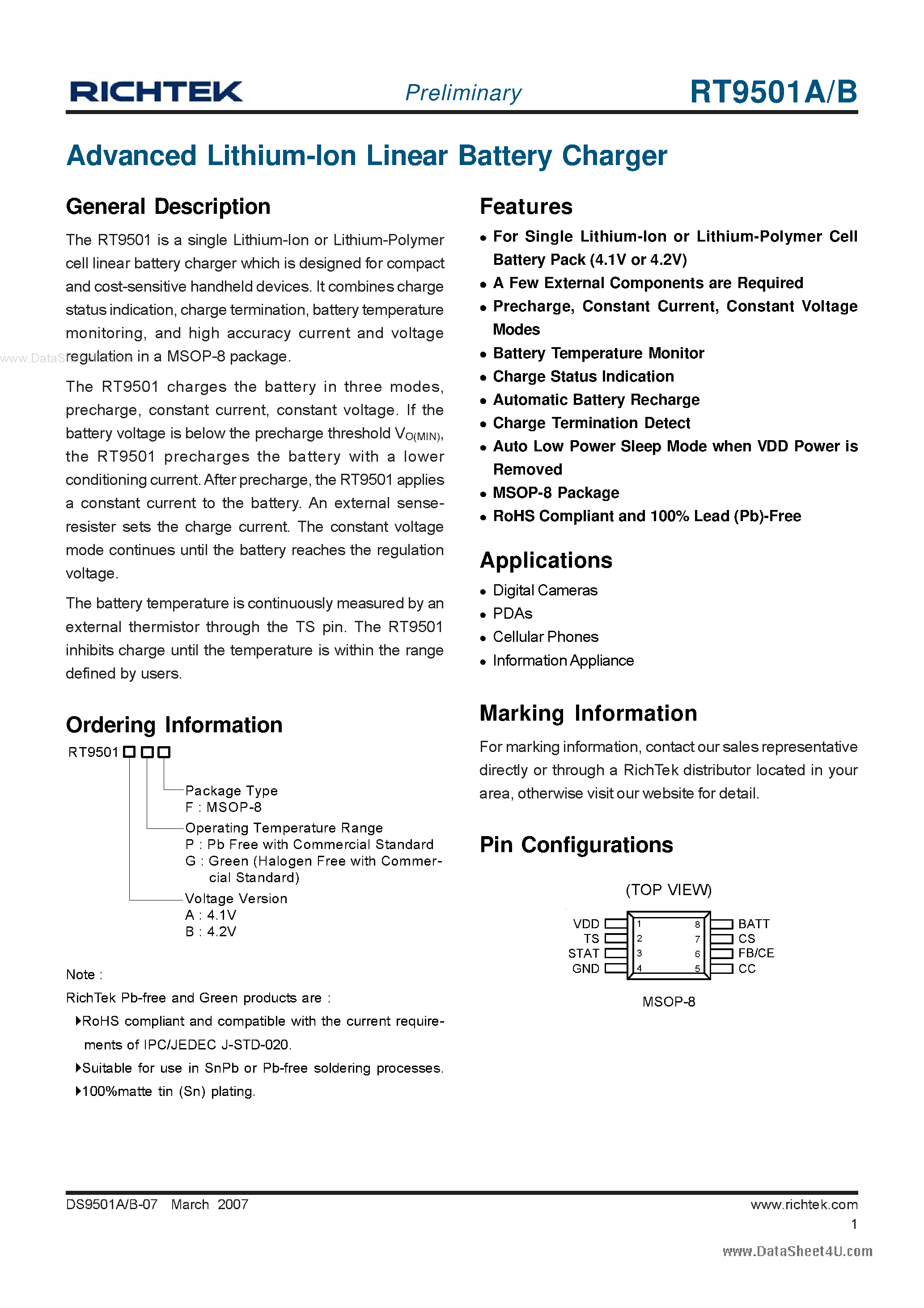 Даташит RT9501A - (RT9501A/B) Advanced Lithium-Ion Linear Battery Charger страница 1