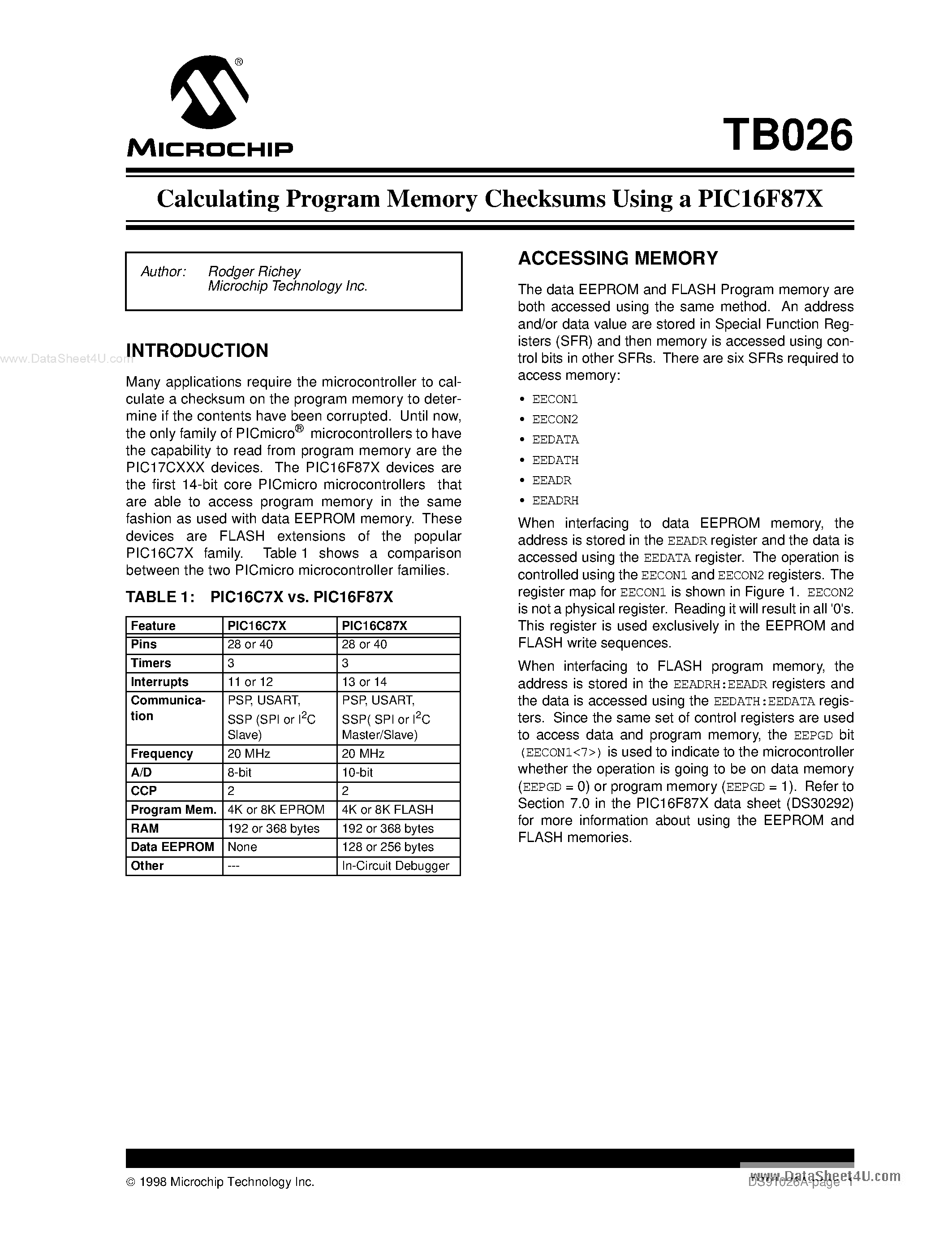 Datasheet TB026 - Calculating Program Memory Checksums Using a PIC16F87X page 1