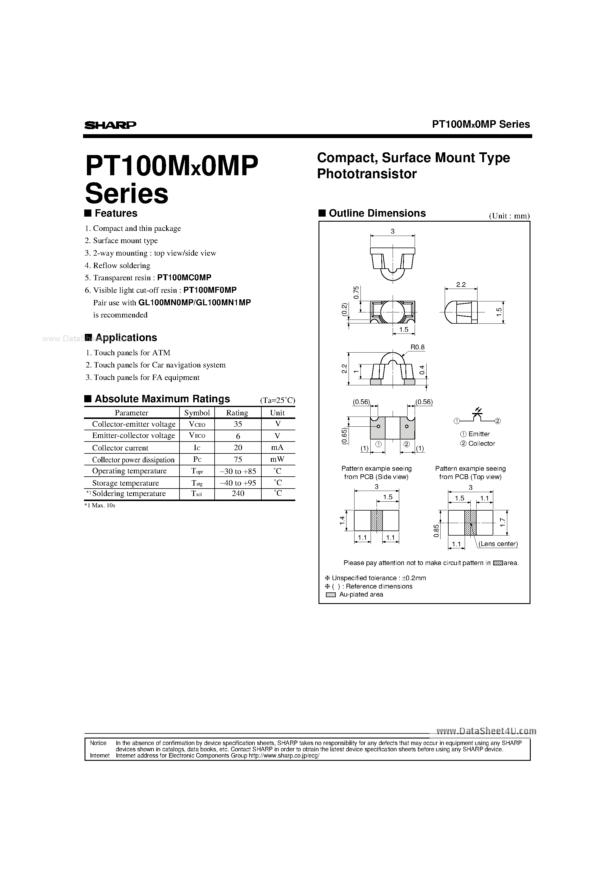 Datasheet PT100MC0MP - Compact Phototransistor in a Surface Mount Package page 1
