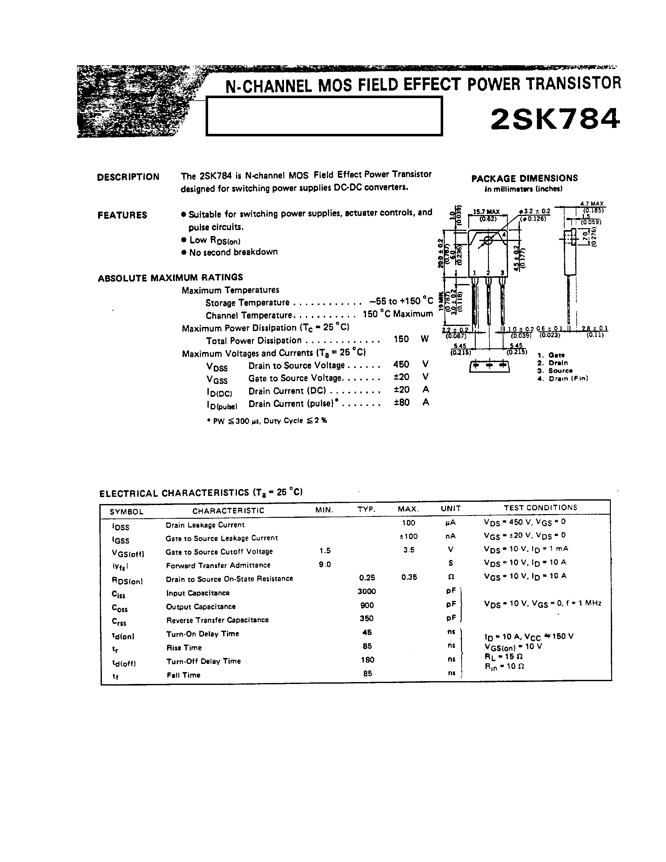Datasheet 2SK784 - N-CHANNEL MOS FIELD EFFECT POWER TRANSISTOR page 1