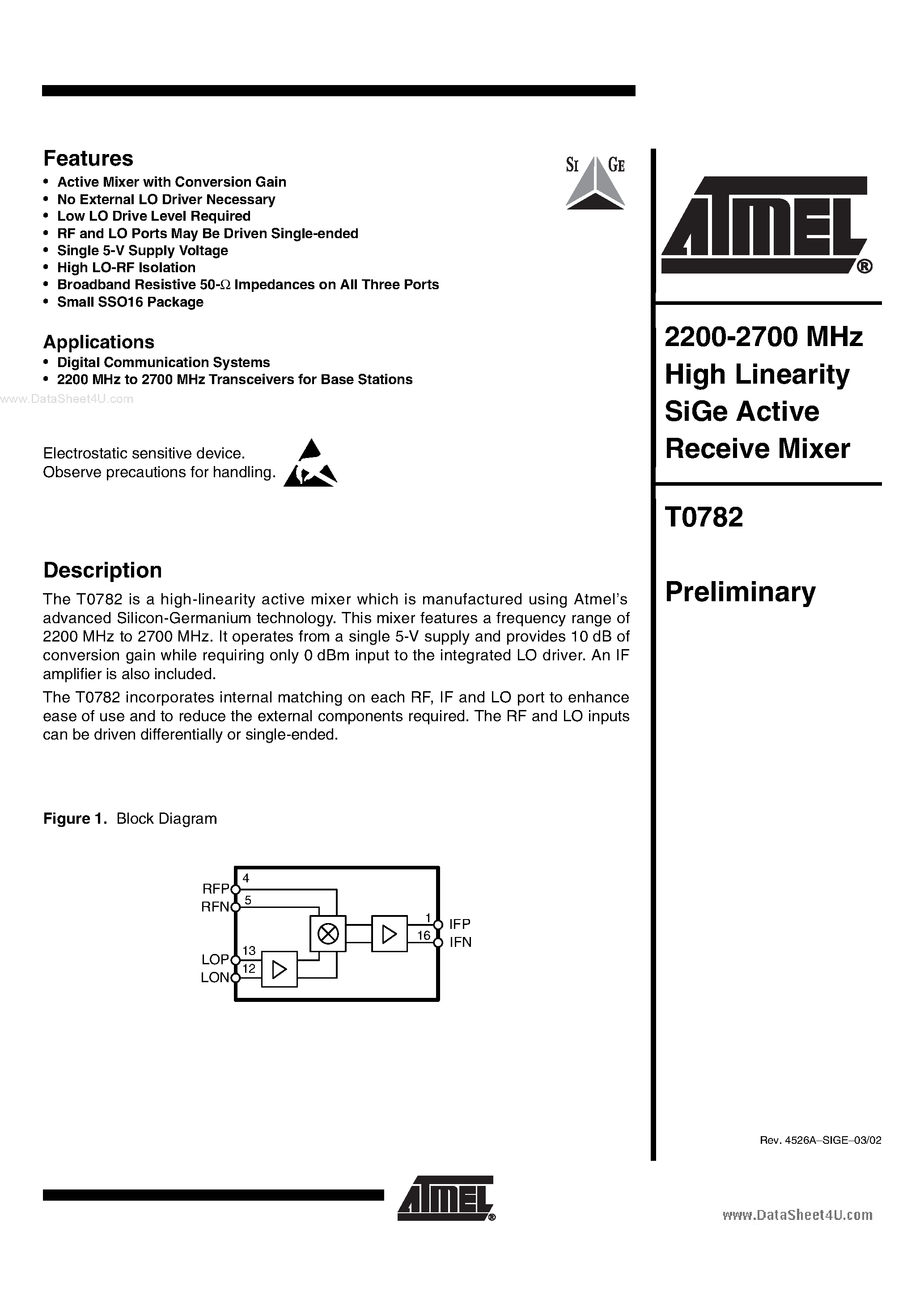 Даташит на микросхему T0782 страница 1 Даташит T0782 - 2200-2700 MHz High Linearity SiGe Active Receive Mixer страница 1