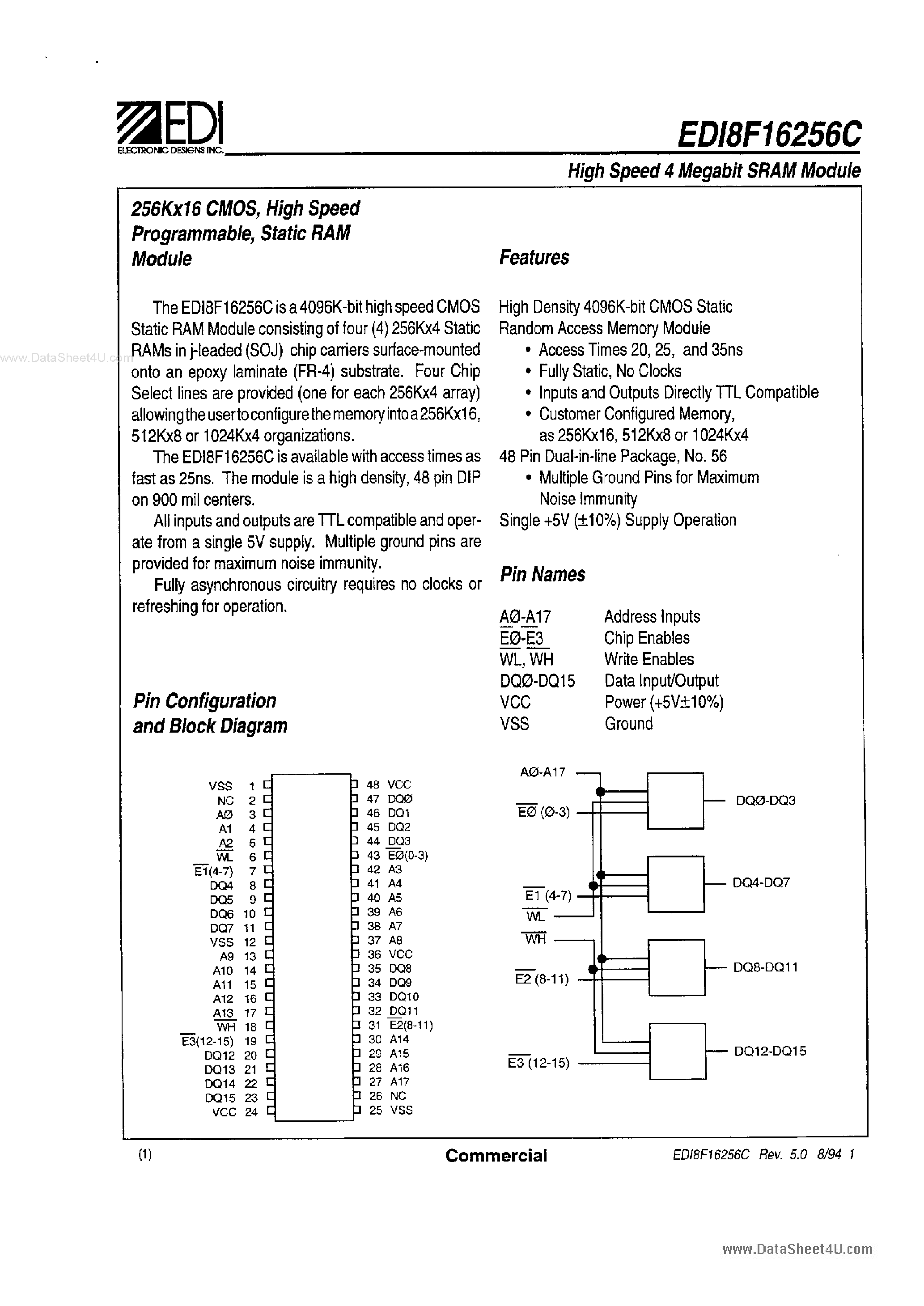 Даташит на микросхему EDI8F16256C страница 1 Даташит EDI8F16256C - HIGH SPEED 4 MEGABIT SRAM MODULE страница 1