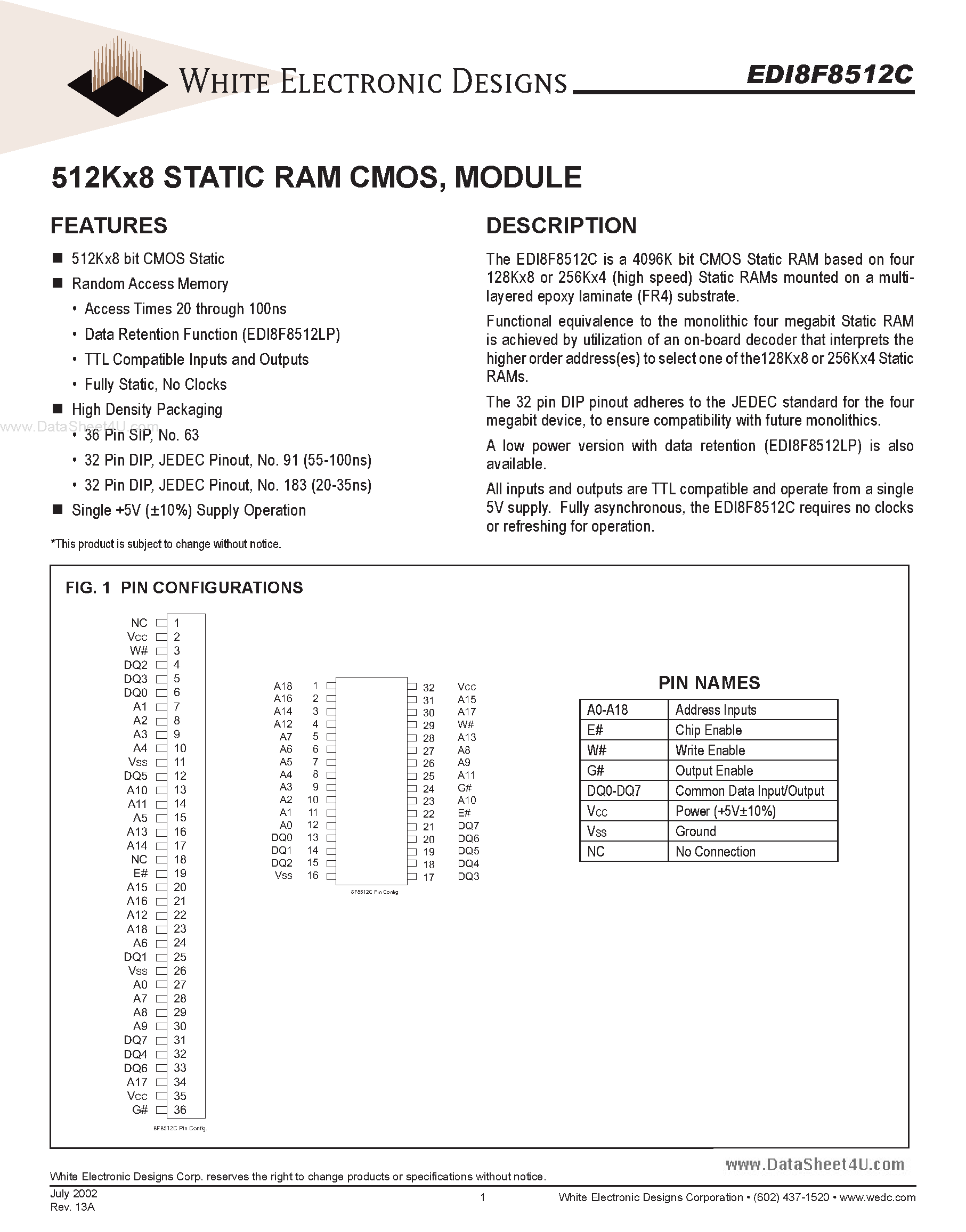 Даташит на микросхему EDI8F8512C страница 1 Даташит EDI8F8512C - 512Kx8 STATIC RAM CMOS страница 1