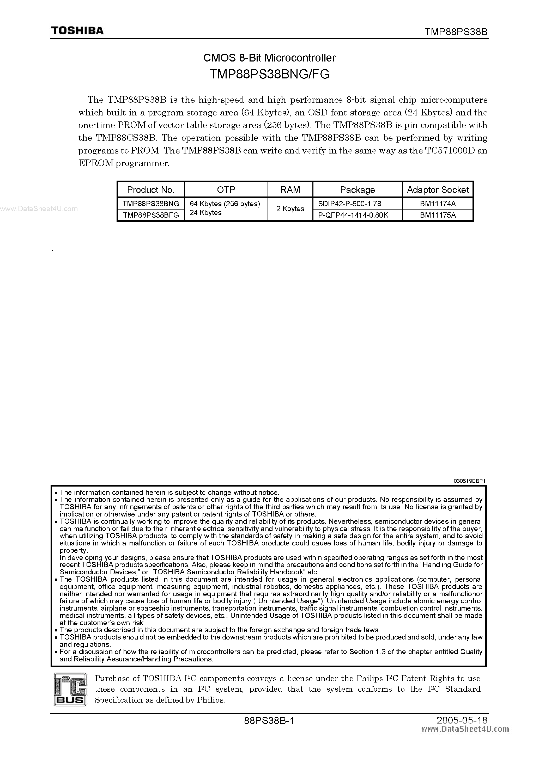 Datasheet TMP88PS38BFG - CMOS 8-Bit Microcontroller page 1