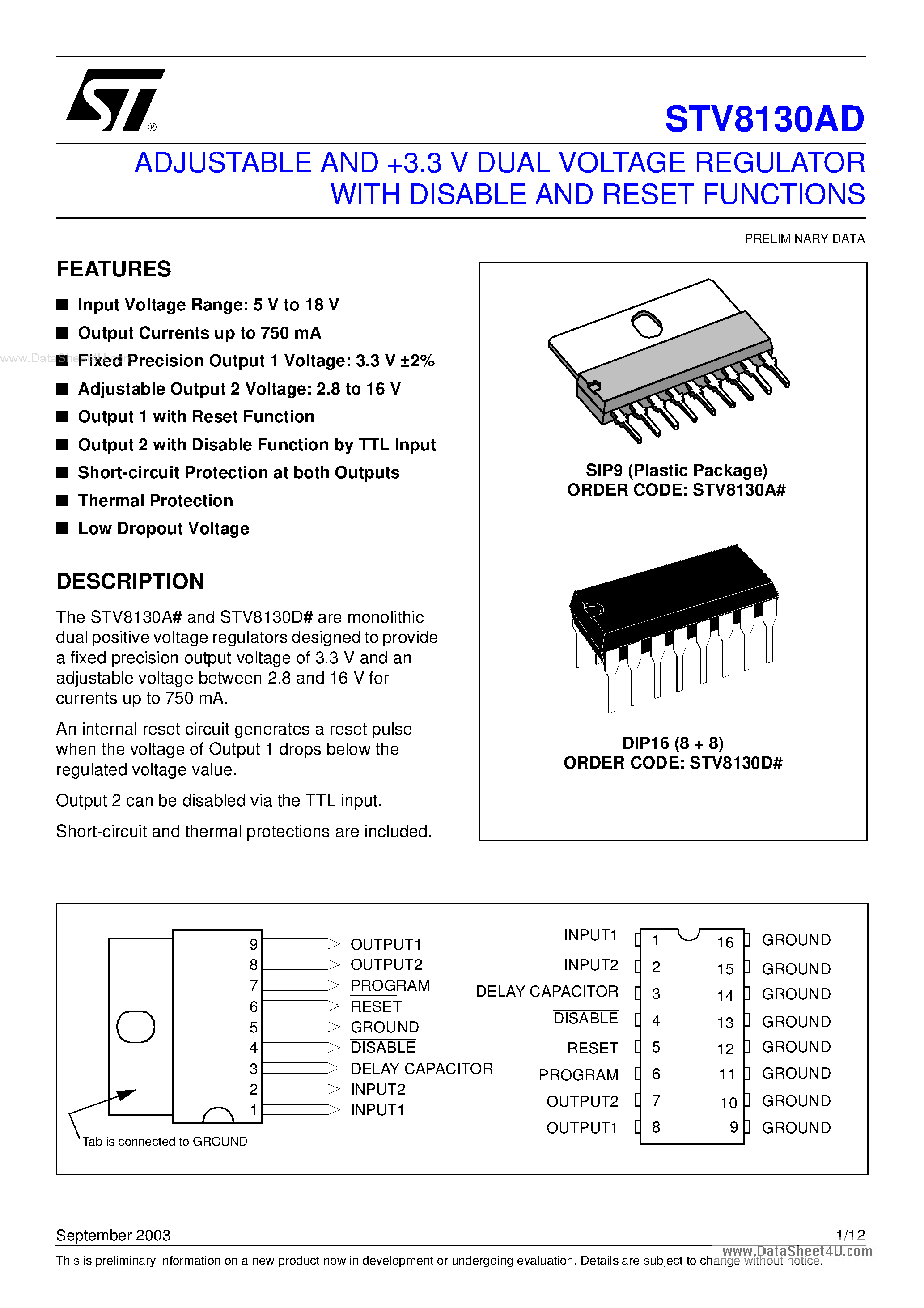 Datasheet STV8130AD - ADJUSTABLE AND 3.3 V DUAL VOLTAGE REGULATOR page 1