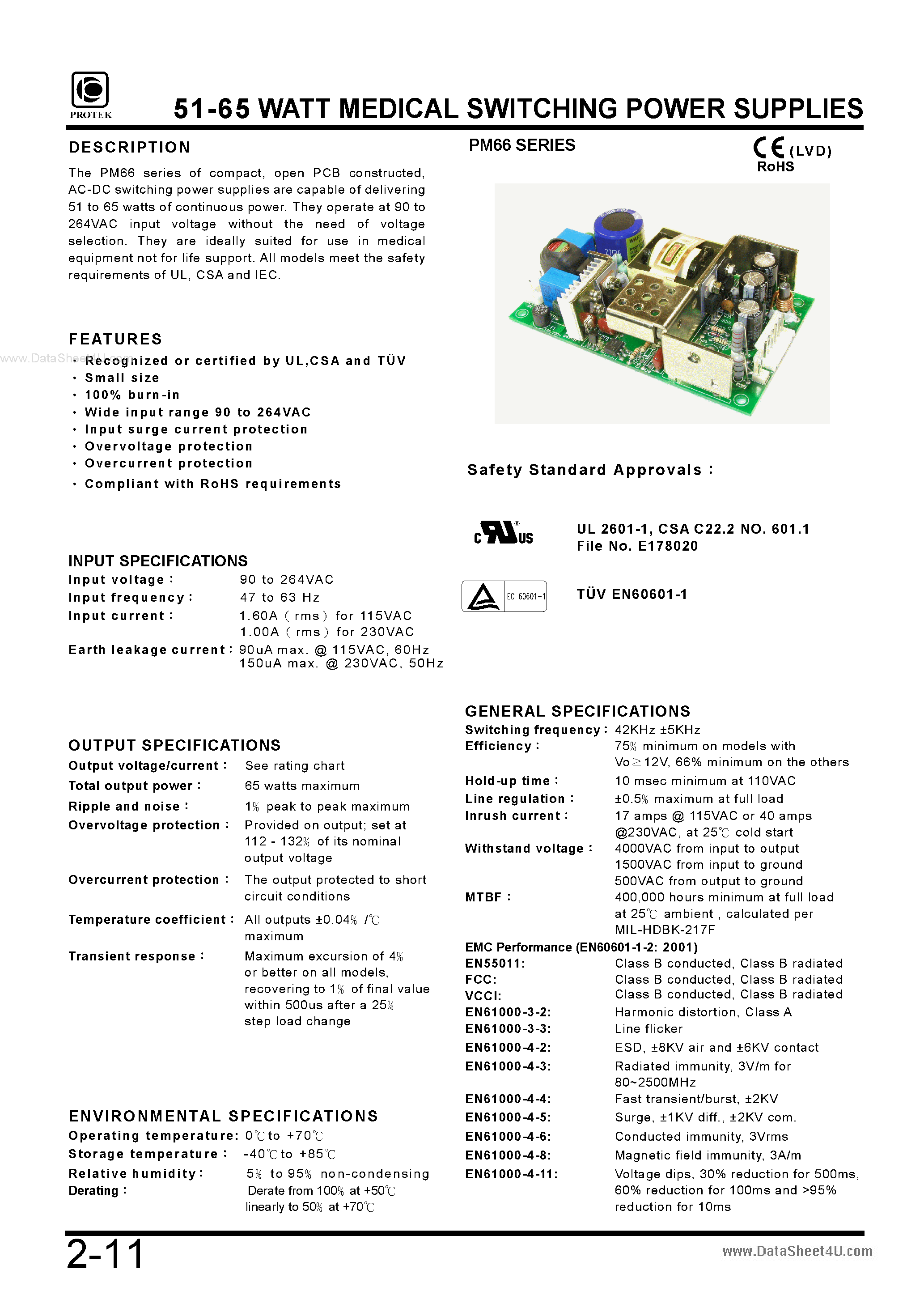Datasheet PM66 page 1 Datasheet PM66 - 51-65 WATT MEDICAL SWITCHING POWER SUPPLIES page 1