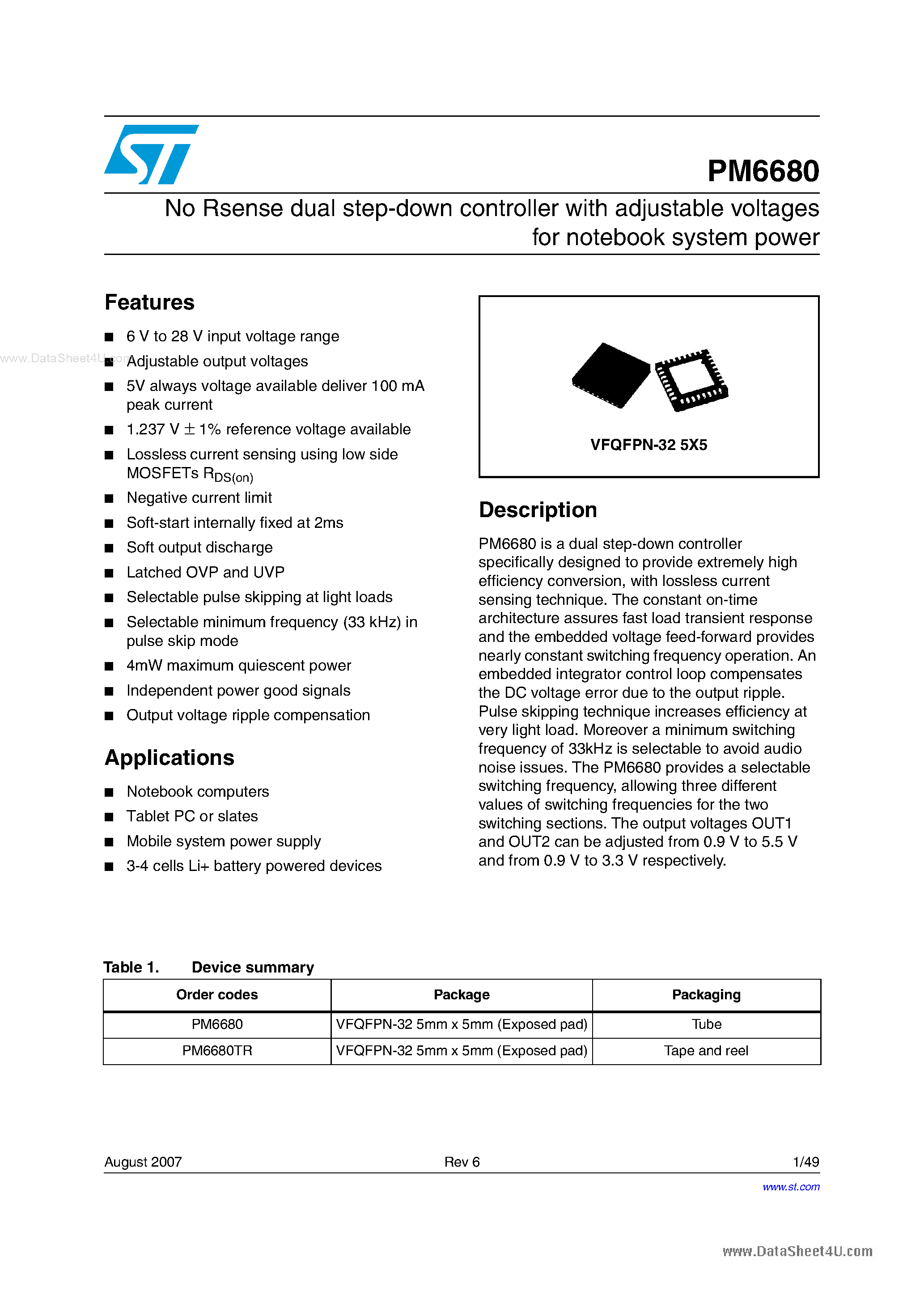Datasheet PM6680 page 1 Datasheet PM6680 - No Rsense dual step-down controller page 1