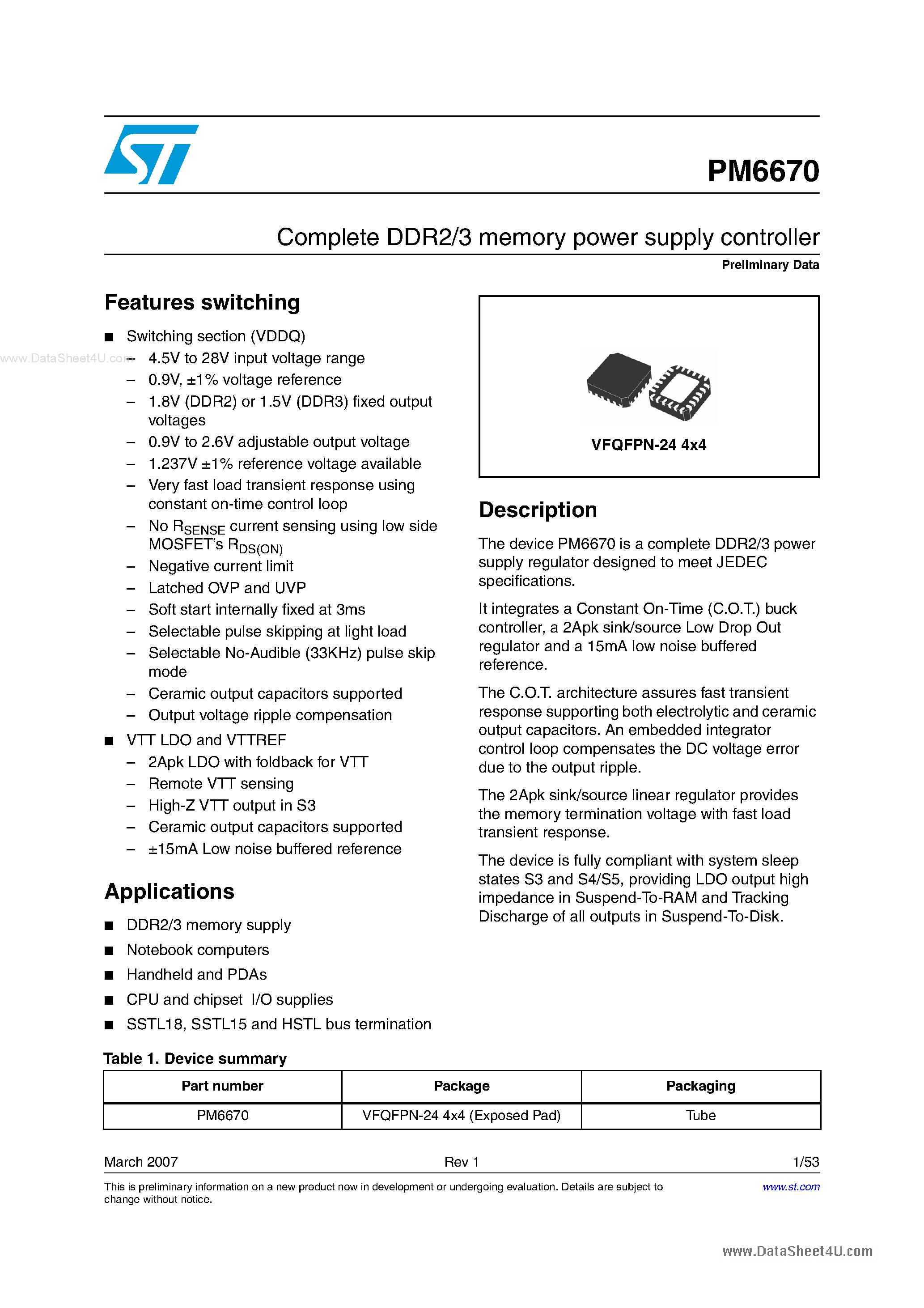 Datasheet PM6670 page 1 Datasheet PM6670 - Complete DDR2/3 memory power supply controller page 1