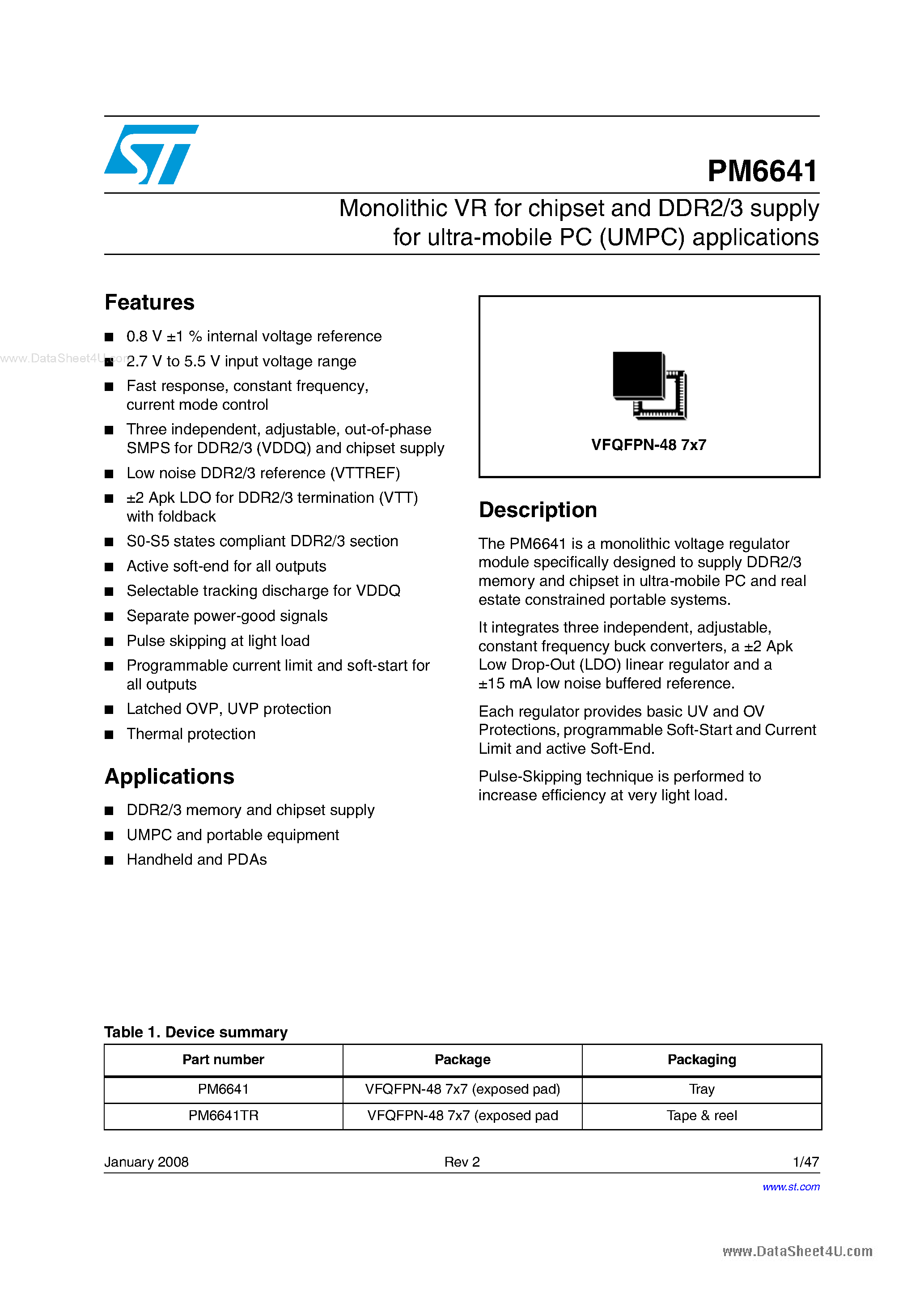 Datasheet PM6641 page 1 Datasheet PM6641 - Monolithic VR for chipset and DDR2/3 supply page 1