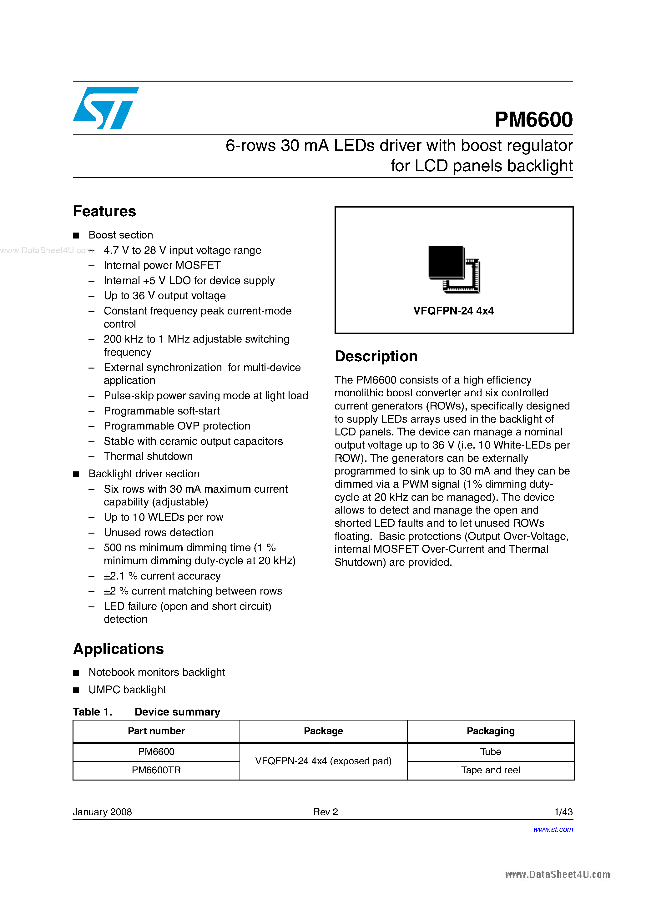 Datasheet PM6600 - 6-rows 30 mA LEDs driver page 1