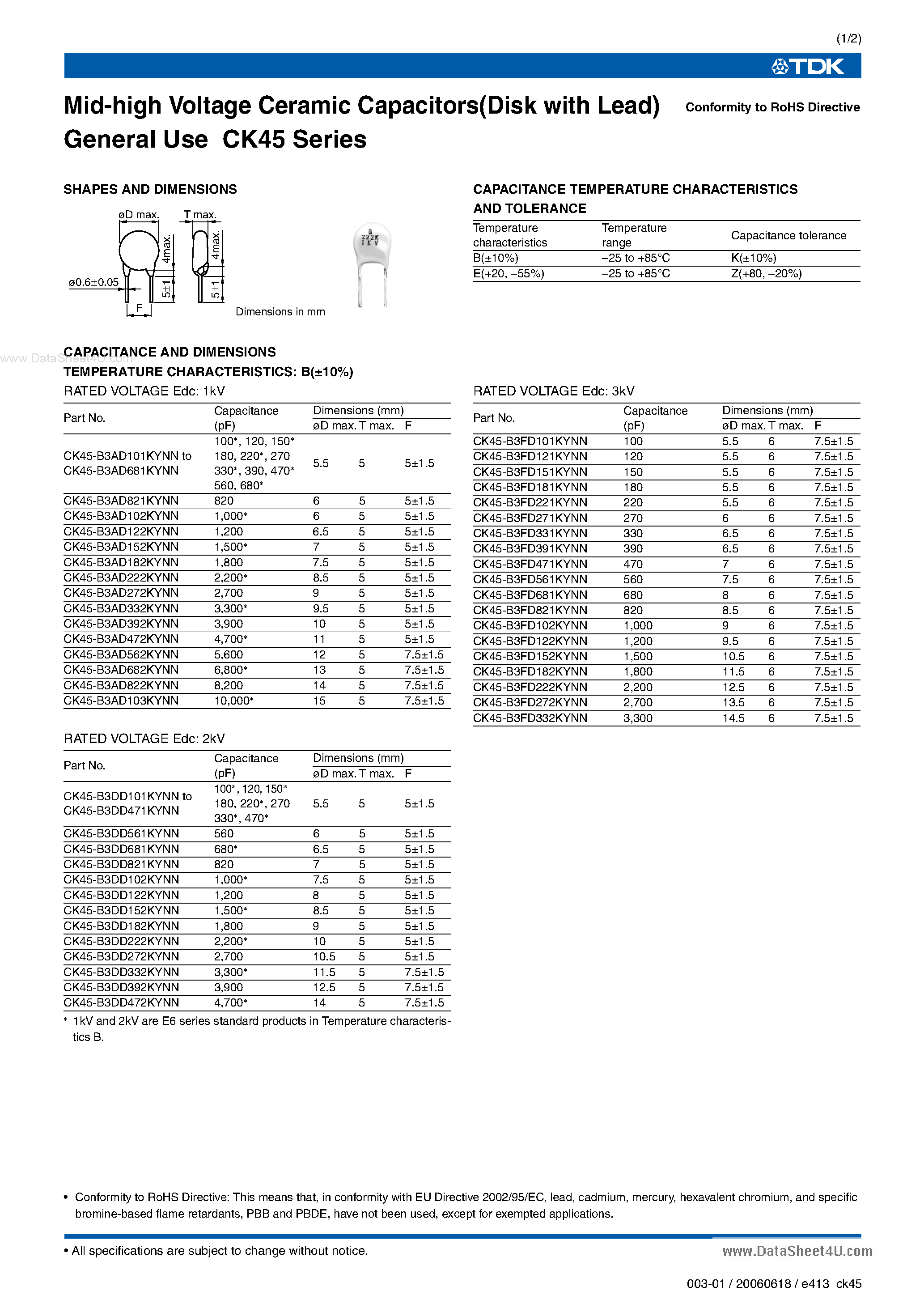 Datasheet CK45 page 1 Datasheet CK45 - Mid High Voltage Ceramic Capacitors page 1