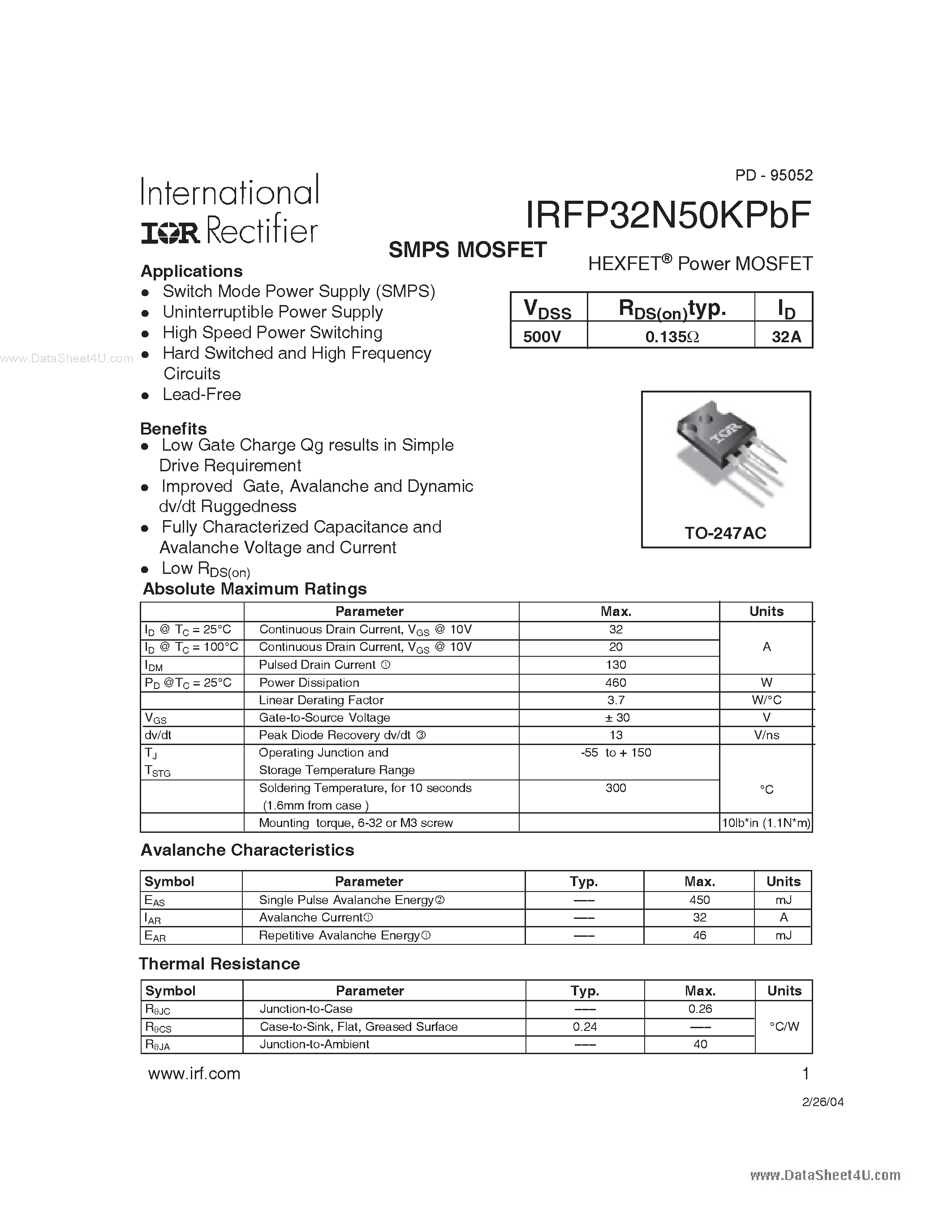 Datasheet IRFP32N50KPBF - HEXFET Power MOSFET page 1
