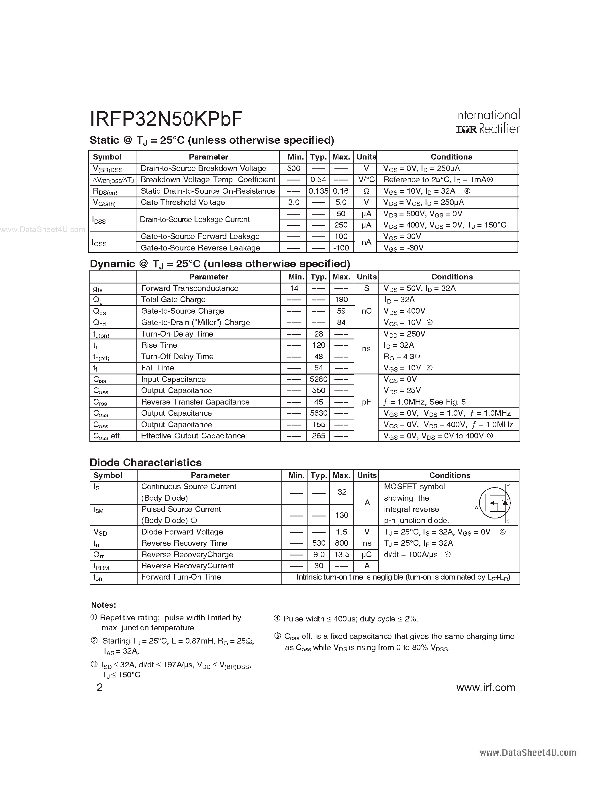 Datasheet IRFP32N50KPBF - HEXFET Power MOSFET page 2